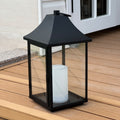 H14 Outdoor Solar Lantern With Flickering Led Candle Black Metal With Tempered Glass Hanging Or Table Lantern For Patio Porch