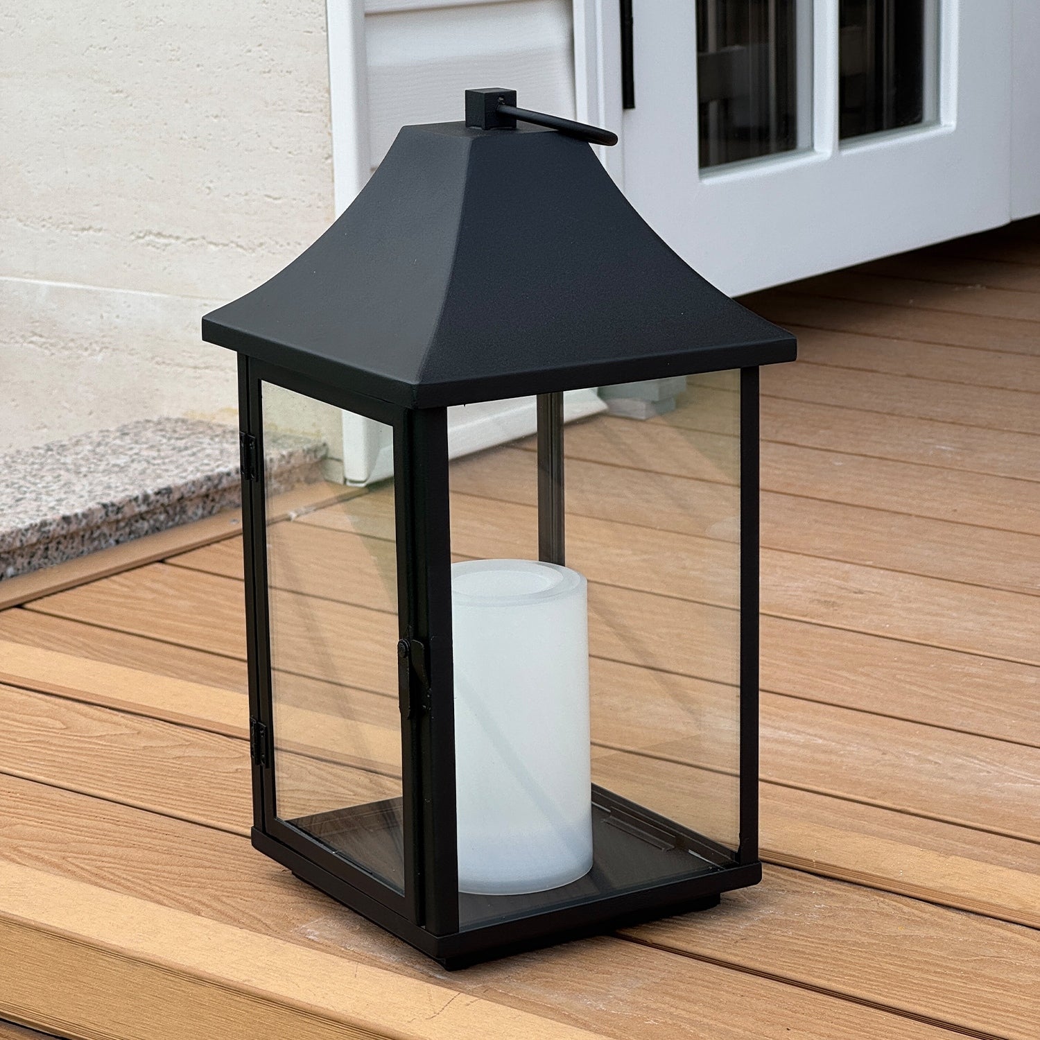 H14 Outdoor Solar Lantern With Flickering Led Candle Black Metal With Tempered Glass Hanging Or Table Lantern For Patio Porch