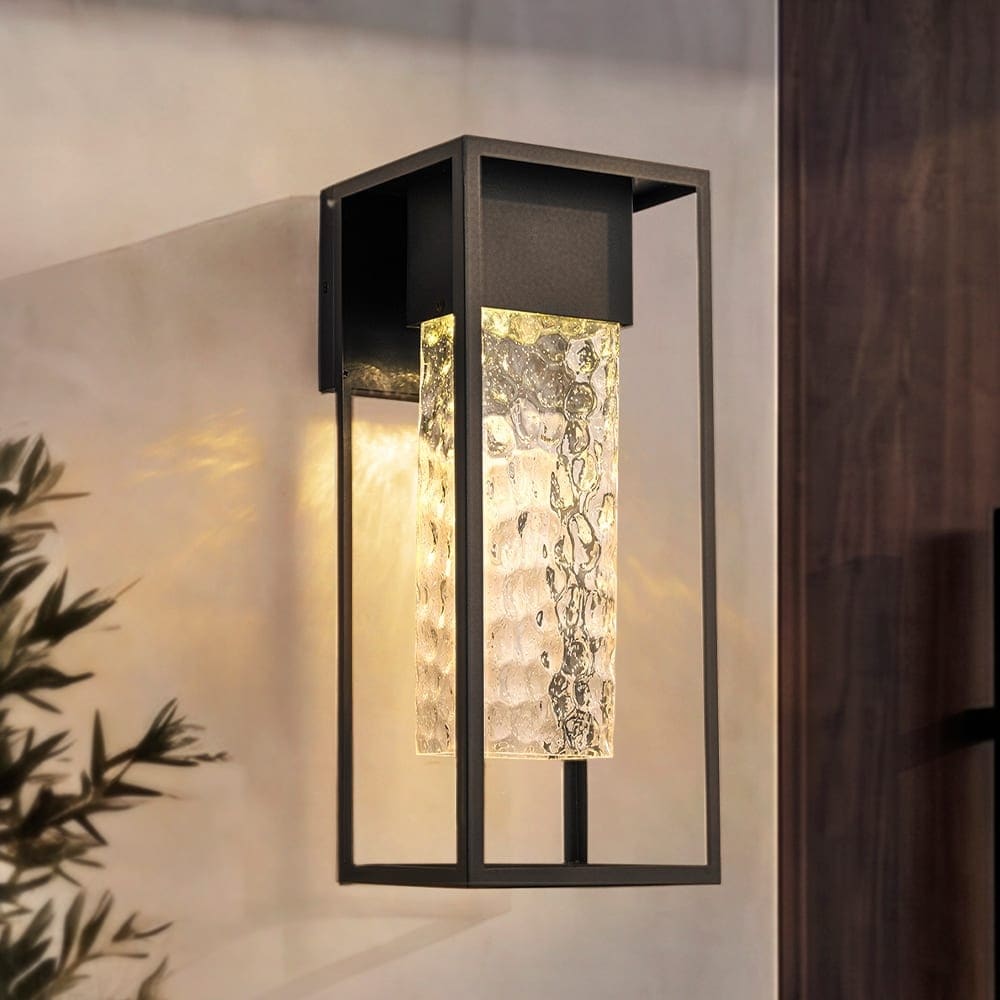 H19 Modern Large Matte Black 10W Integrated Led Wall Sconce With Open Frame And Seeded Glass For Porch Garage Entryway W8