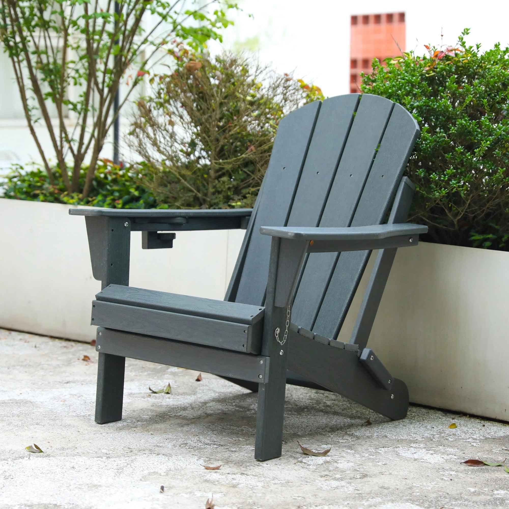 Hdpe Folding Adirondack Chair With Dual Cup Holder Wood Texture Gray