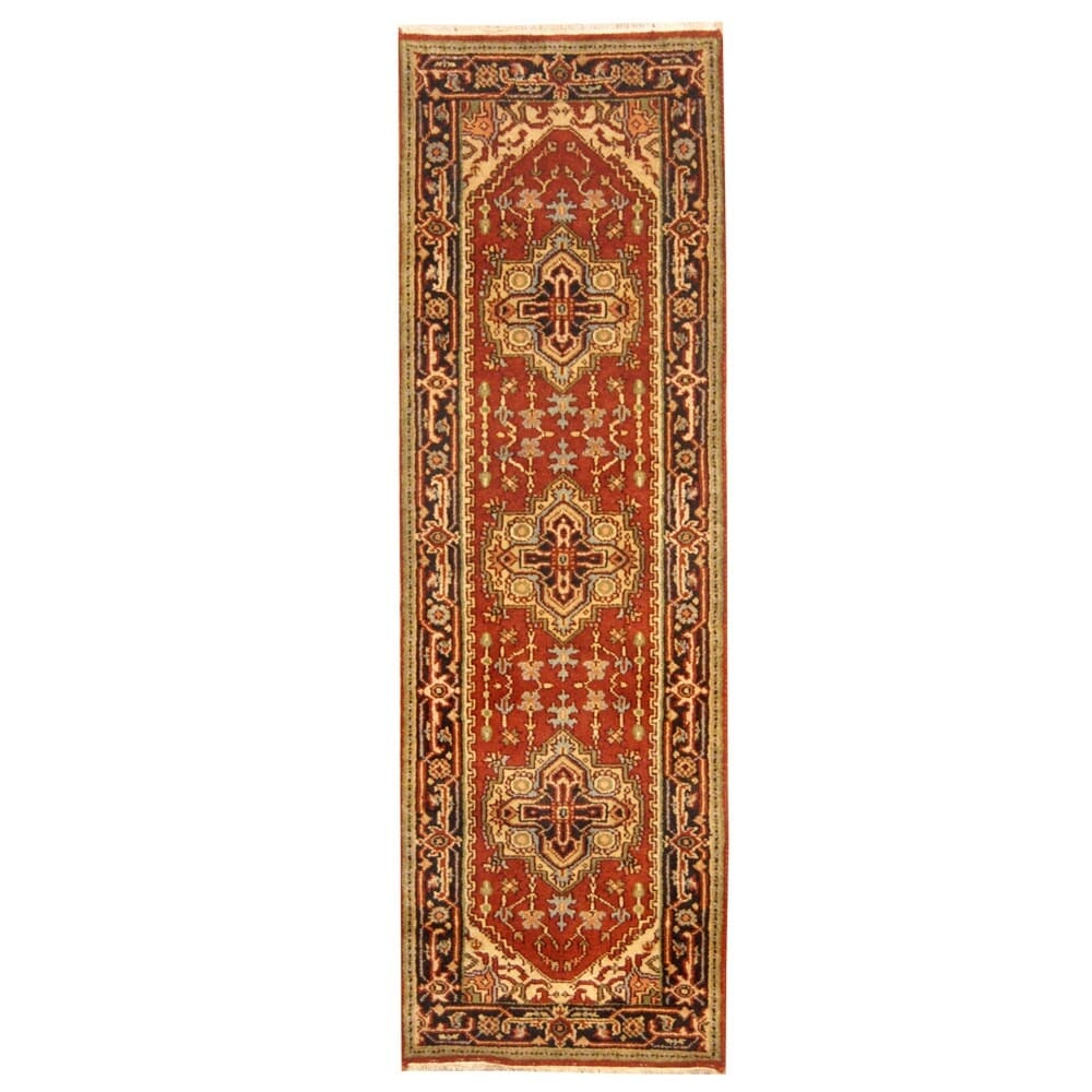 Handmade Herat Oriental Indo Heriz Red Navy Wool Rug India 26 X 8