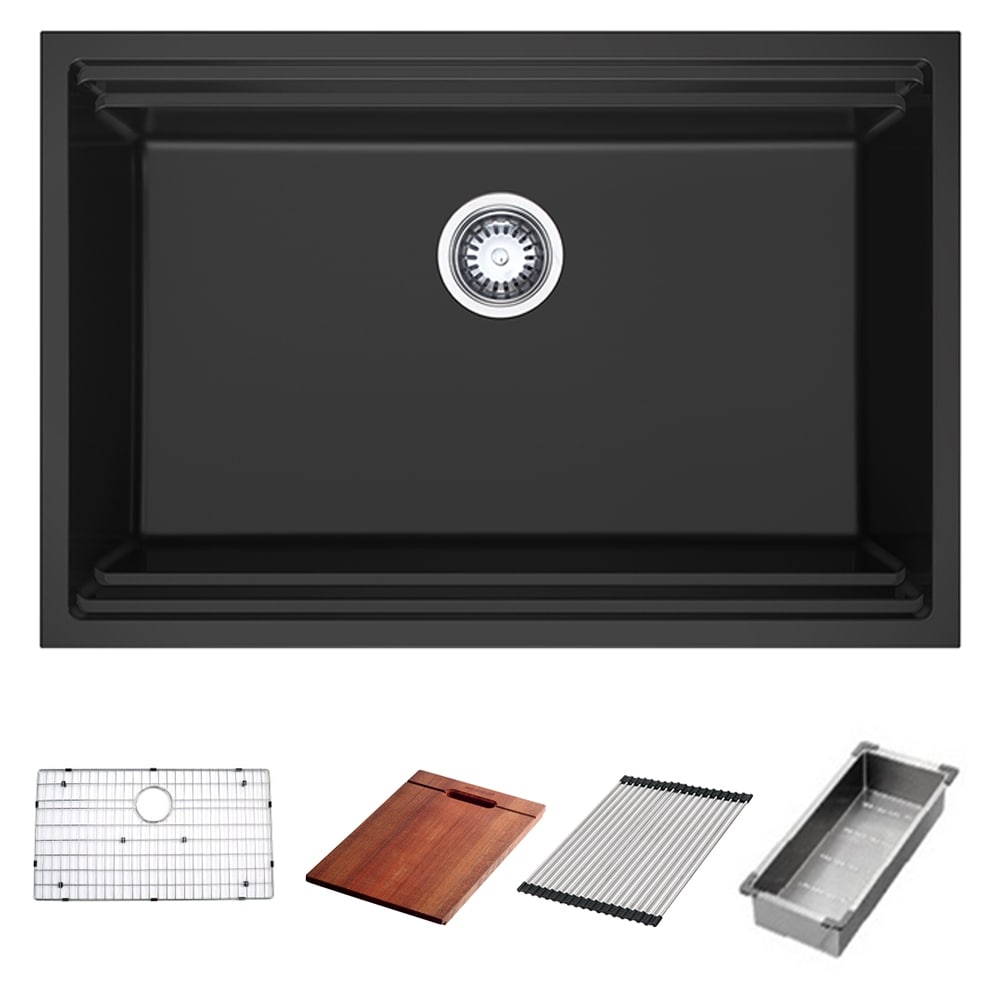 Higold 30 Inch Single Bowl Quartz Kitchen Sink In Black Undermount Workstation With Cutting Board Accessories 30 20 9