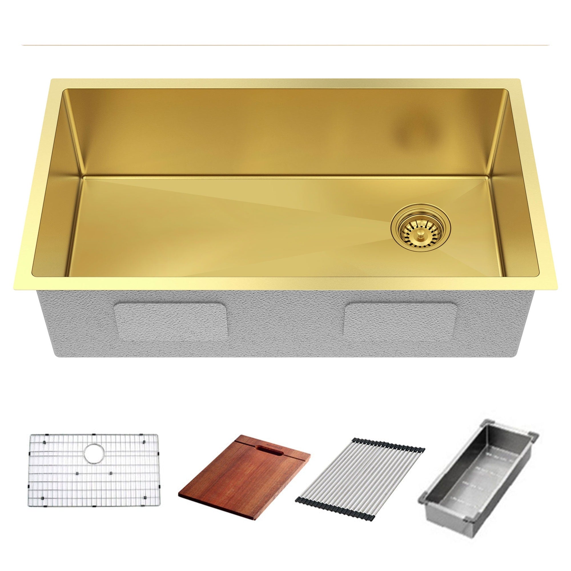 Higold 33 Inch Farmhouse Sink With Deep Bowl Stainless Steel Undermount Kitchen Sink Side Drainer Hole Designed Pvd Gold