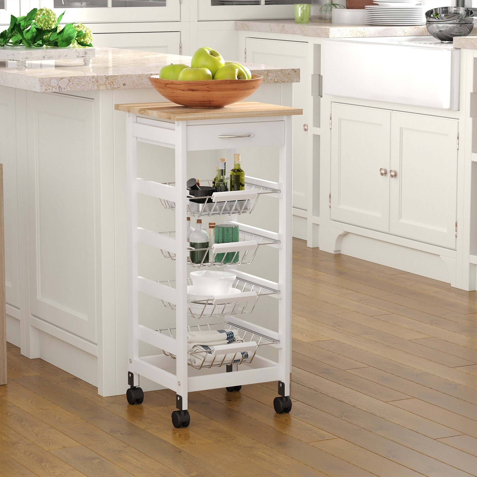 Homcom 32.25 Wooden Rolling Kitchen Storage Cart On 360 Swivel Wheels With Ample Storage Space Solid Structure