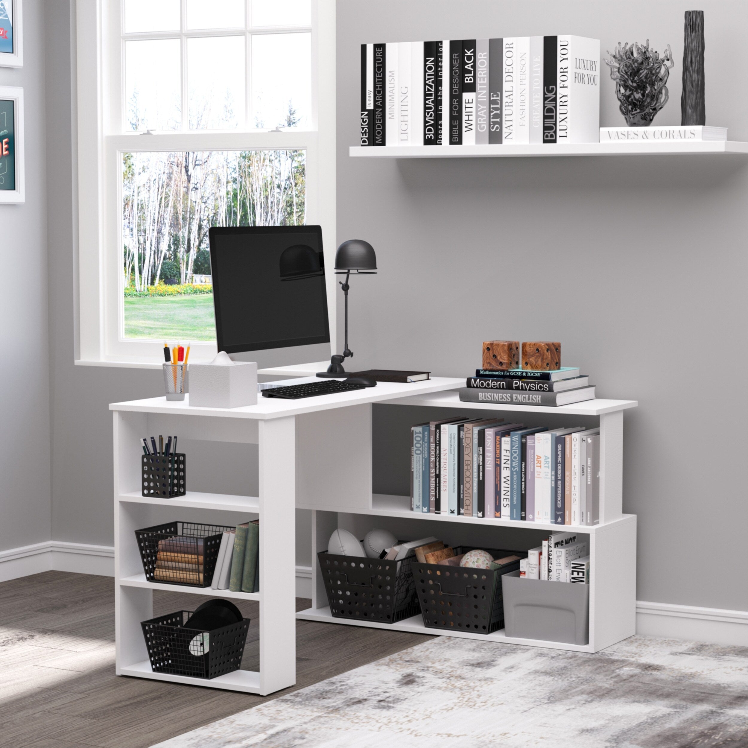 Homcom Modern L Shaped Rotating Computer Desk With Bookshelves
