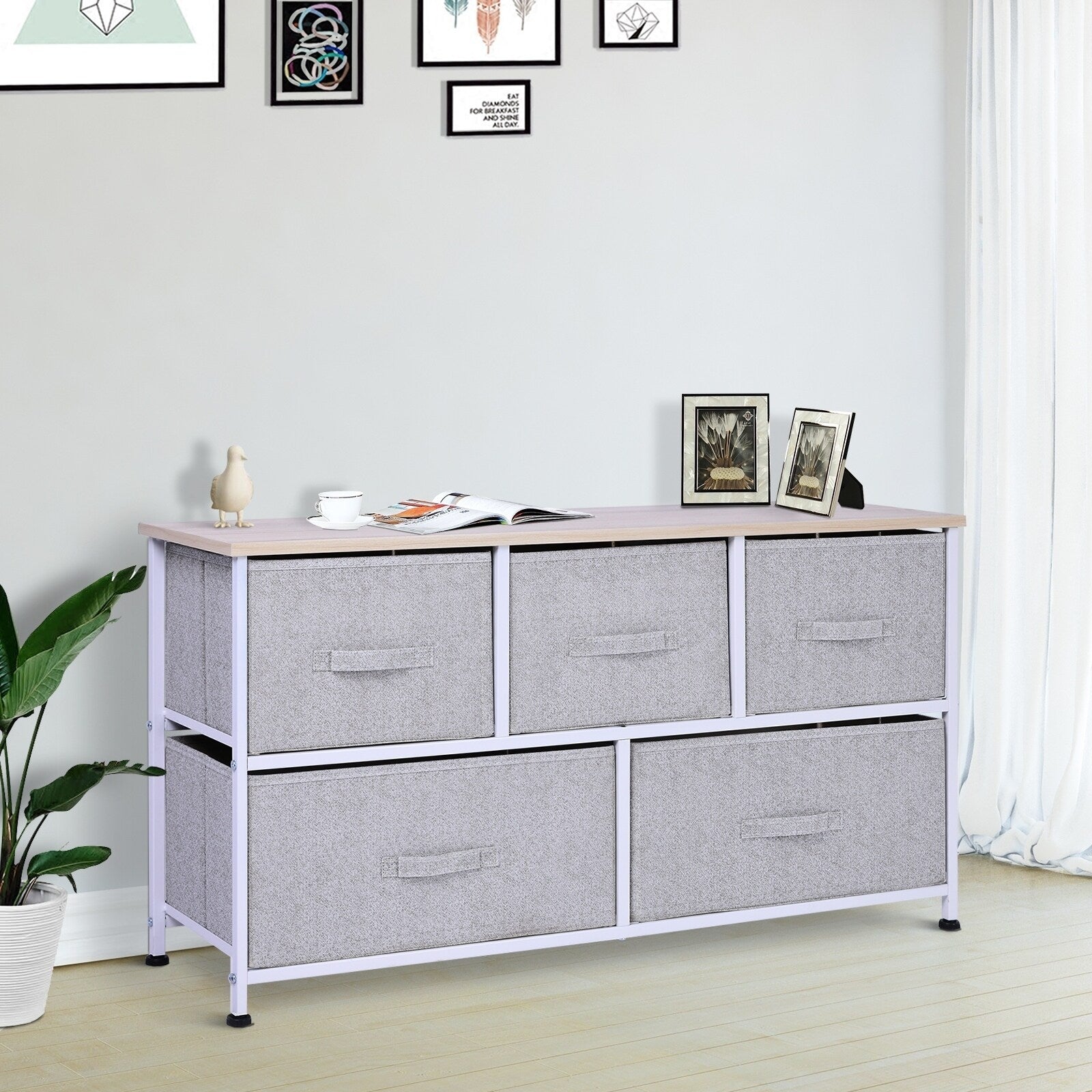 Porch Den Dow Grey White 5 Drawer Storage Cube Dresser With Fabric Bins