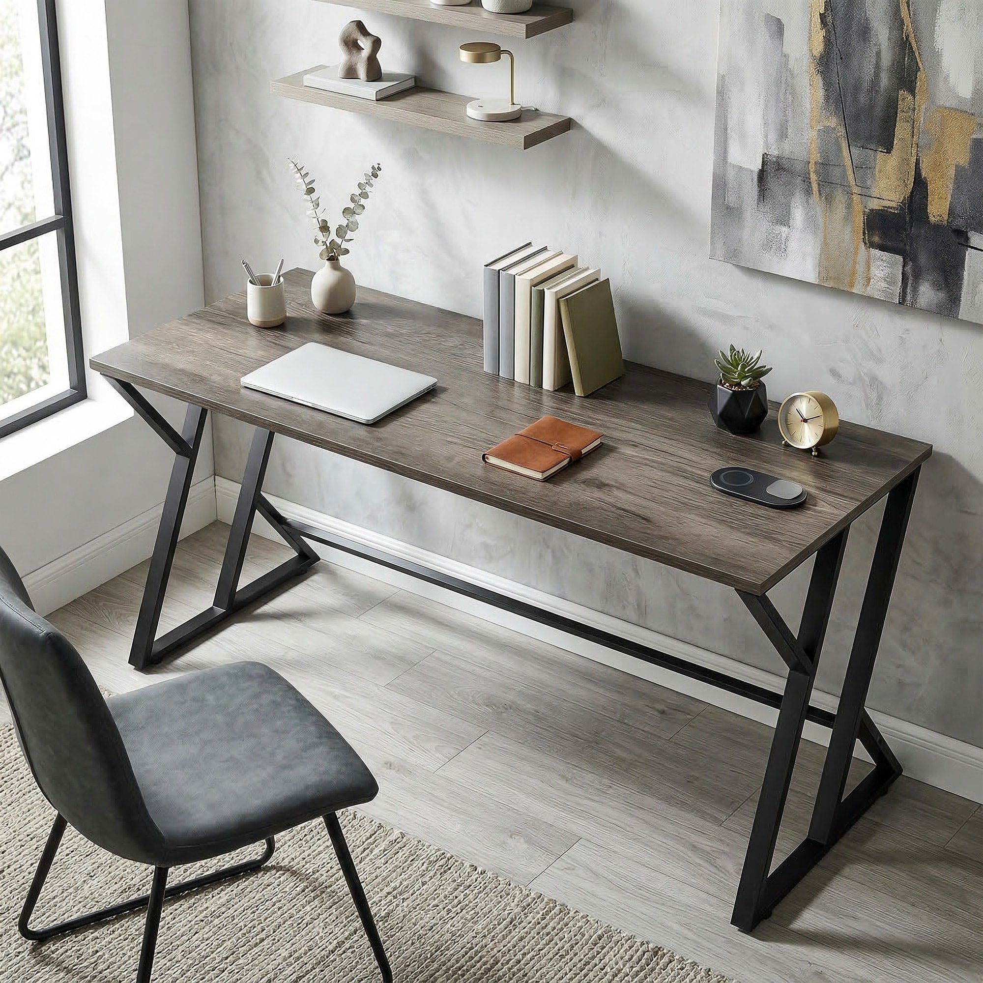 Homcom 55 Inch Computer Desk Industrial Writing Desk With Z Shaped Metal Leg Distressed Gray