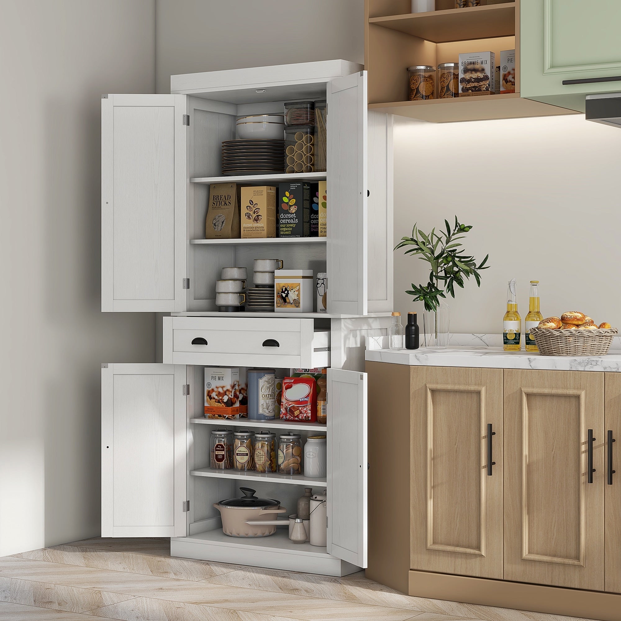 Homcom 72.5 Kitchen Pantry Cabinet Traditional Freestanding Storage Cabinet With 4 Doors 3 Adjustable Shelves For Dining Room