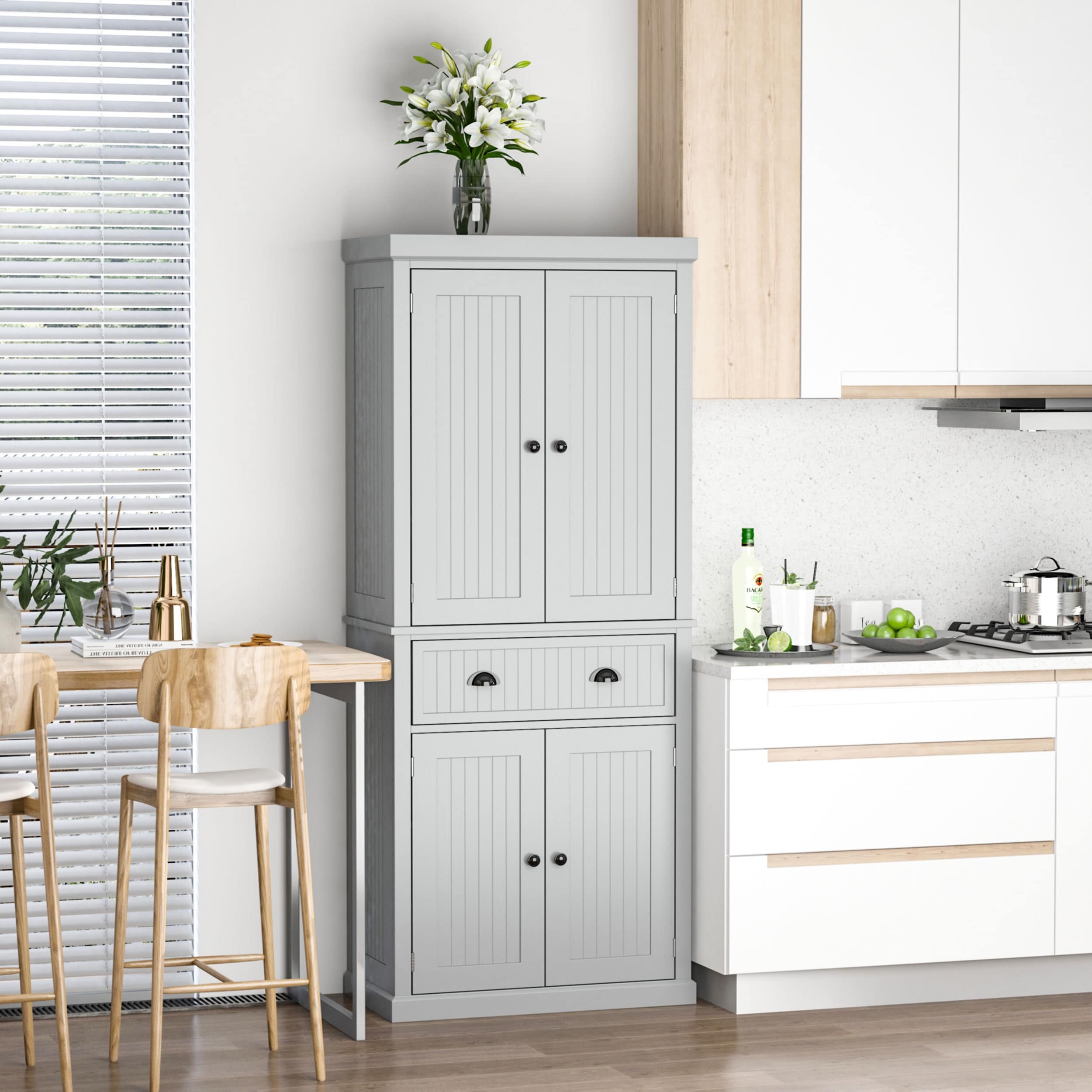 Homcom 72 Traditional Colonial Kitchen Pantry Cabinet With 2 Large Storage Areas Drawer And Adjustable Shelves Grey