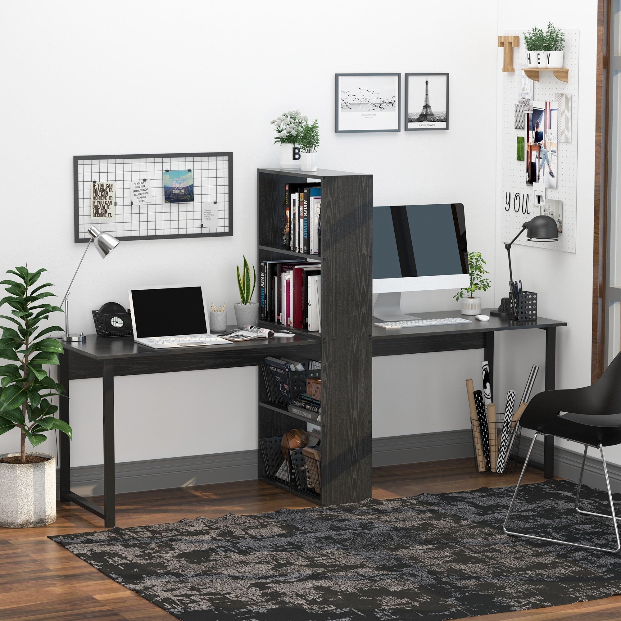 Homcom 88 Extra Long 2 Person Computer Desk W Bookshelf Combo Double Workstation Storage Unit Home Office