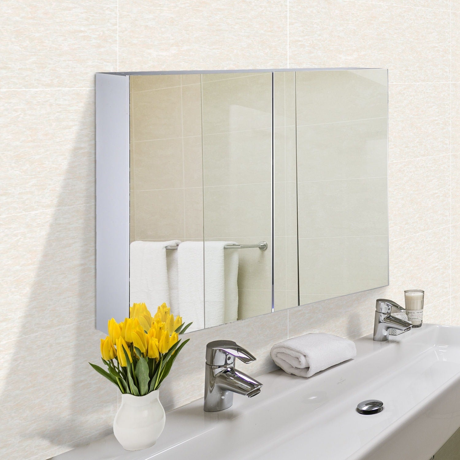 Homcom Double Door Wall Mounted Bathroom Mirror Medicine Cabinet With Modern Design Large Storage Quiet Hinges