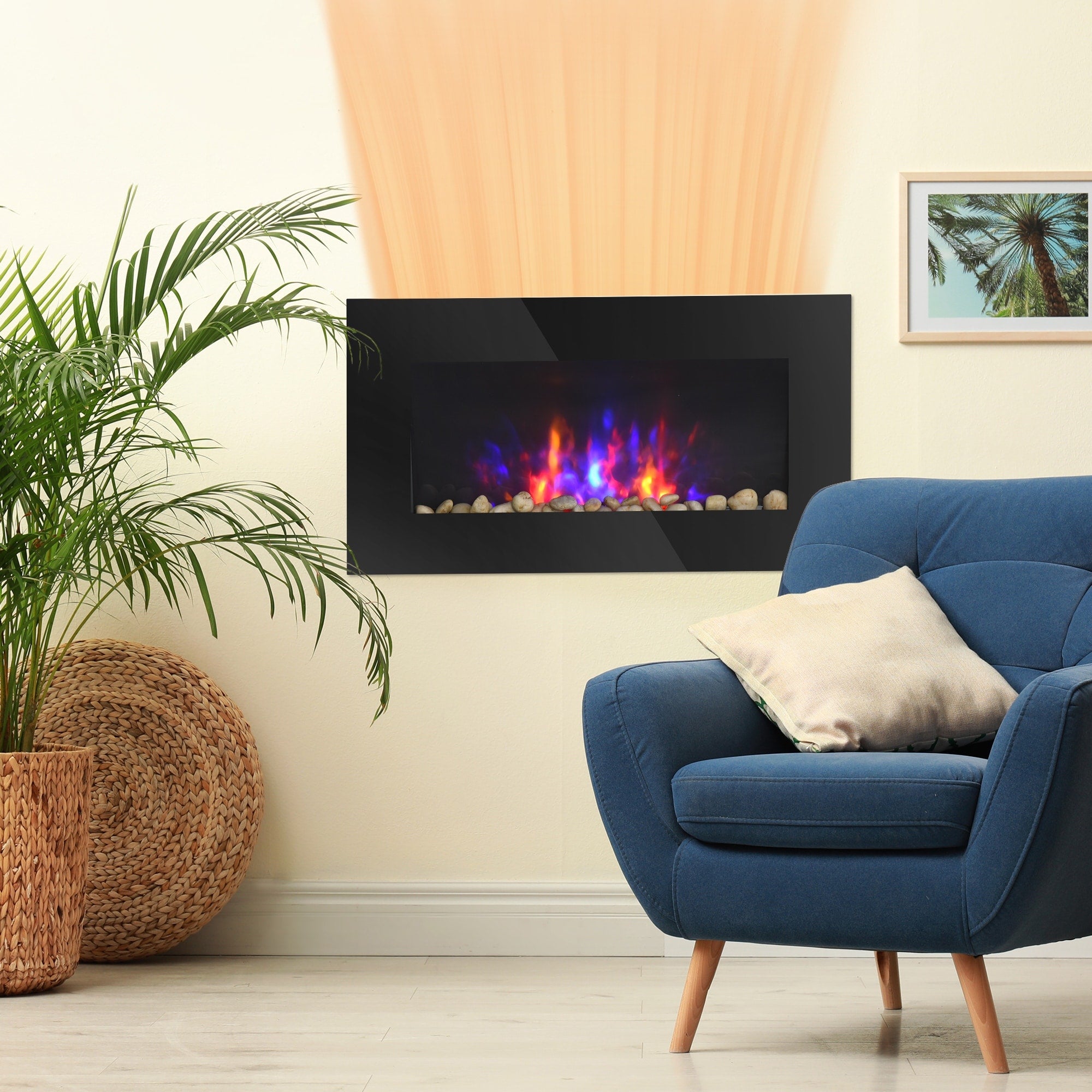 Homcom 28.5 1500W Electric Wall Mounted Fireplace With Flame Effect 7 Color Background Light And Side Light Black