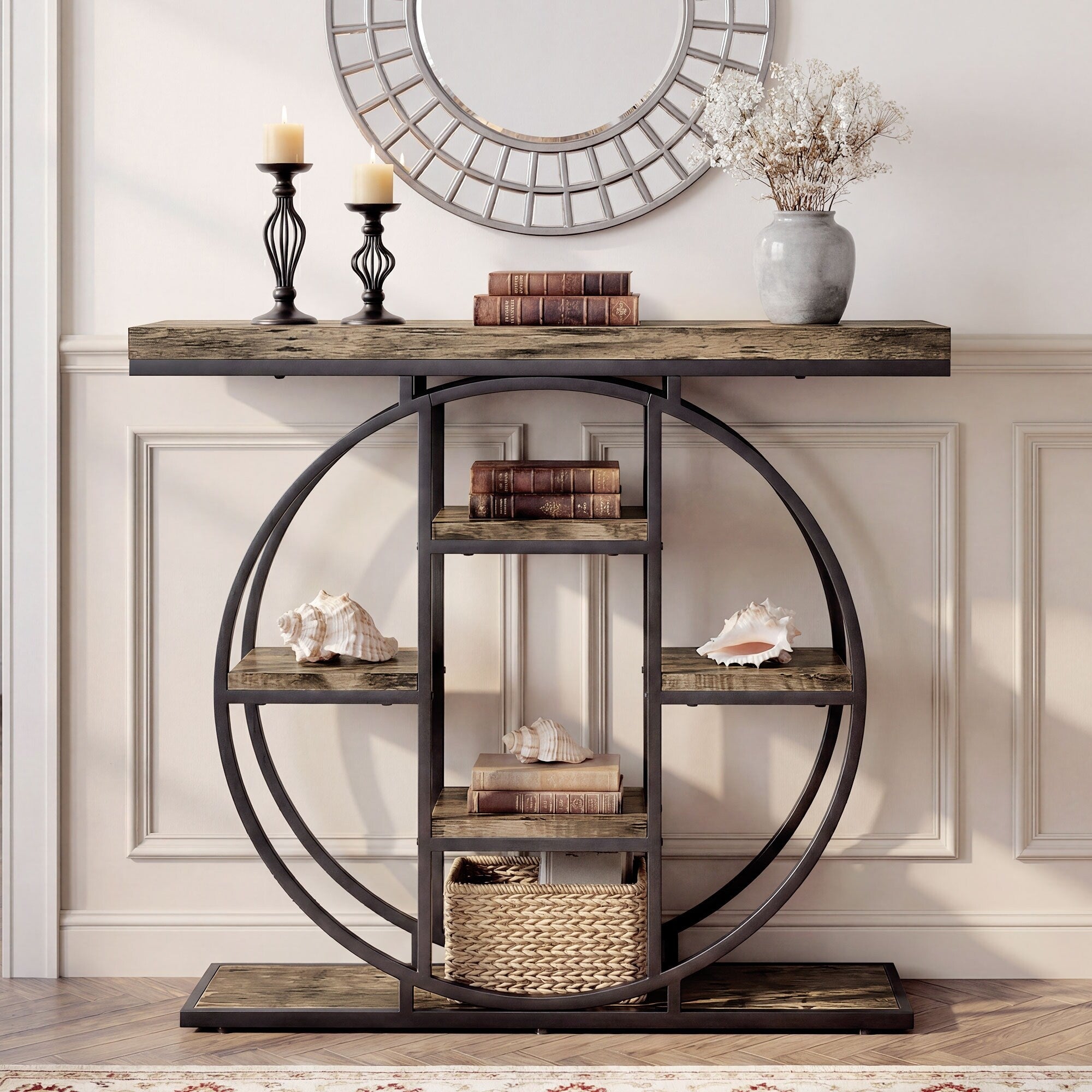 Homcom Entryway Table 39.4 Console Sofa Table With Storage Shelves And Circle Steel Frame Narrow Wood Accent Tables