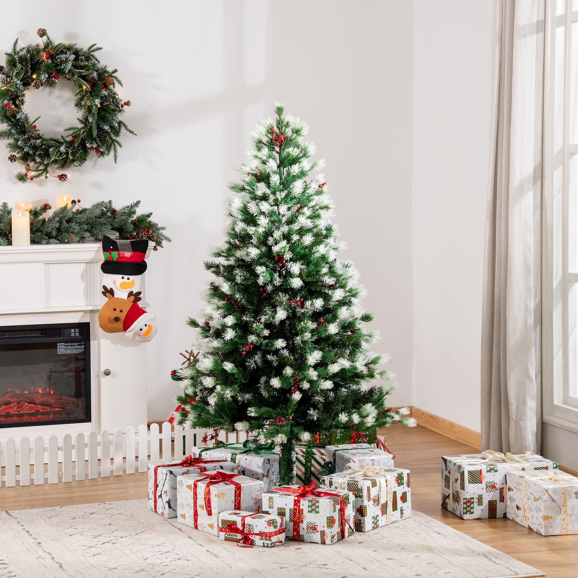 Homcom Artificial Snow Flocked Pine Tree Holiday Home Christmas Decoration With Red Berries Automatic Open