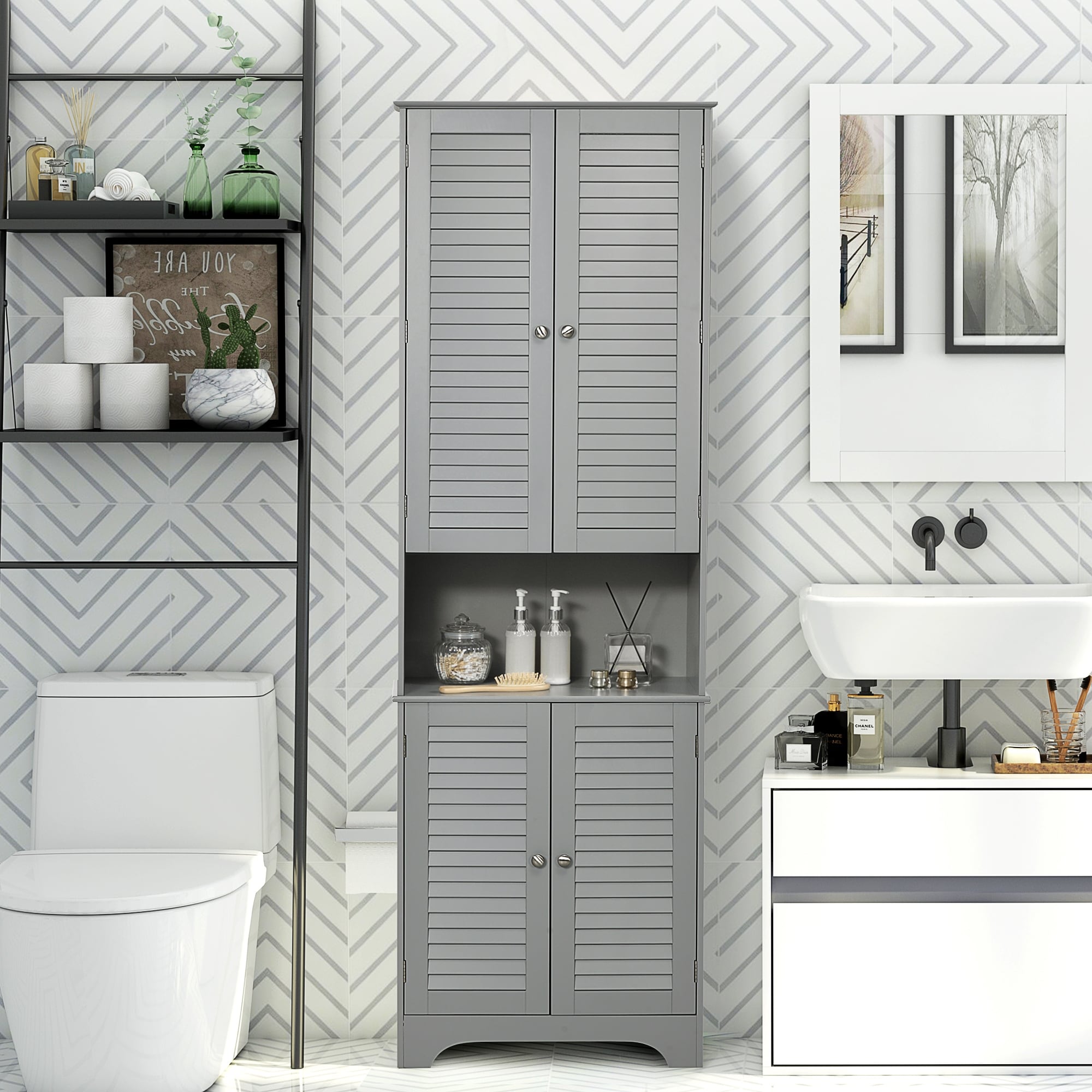 Homcom Freestanding Bathroom Storage Cabinet With Shutter Doors And Adjustable Shelves Toilet Vanity Cabinet White