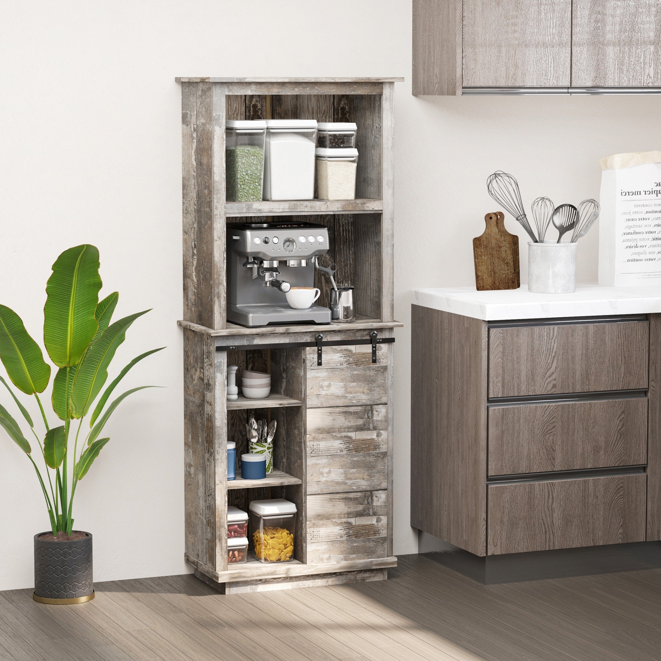 Homcom Rustic Storage Cabinet Home Tall Organizer With Barn Door Adjustable Shelf Freestanding Furniture Vintage Wood Color