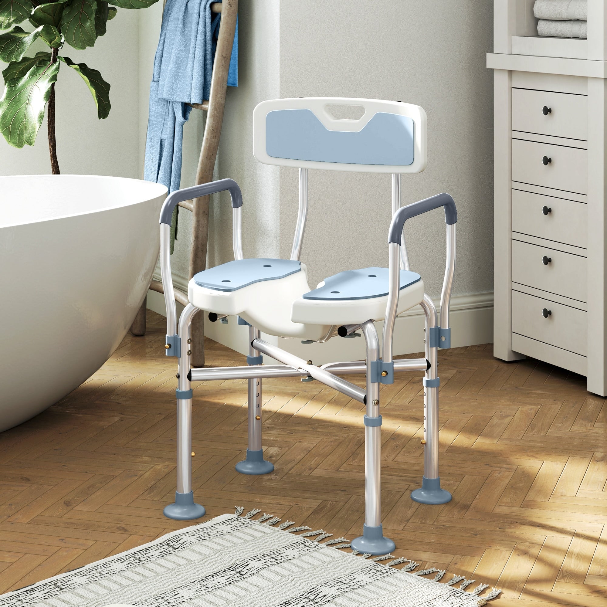 Homcom Hdpe Padded Shower Chair With Arms And Back Bath Seat With Adjustable Height Anti Slip Shower Bench Light Blue