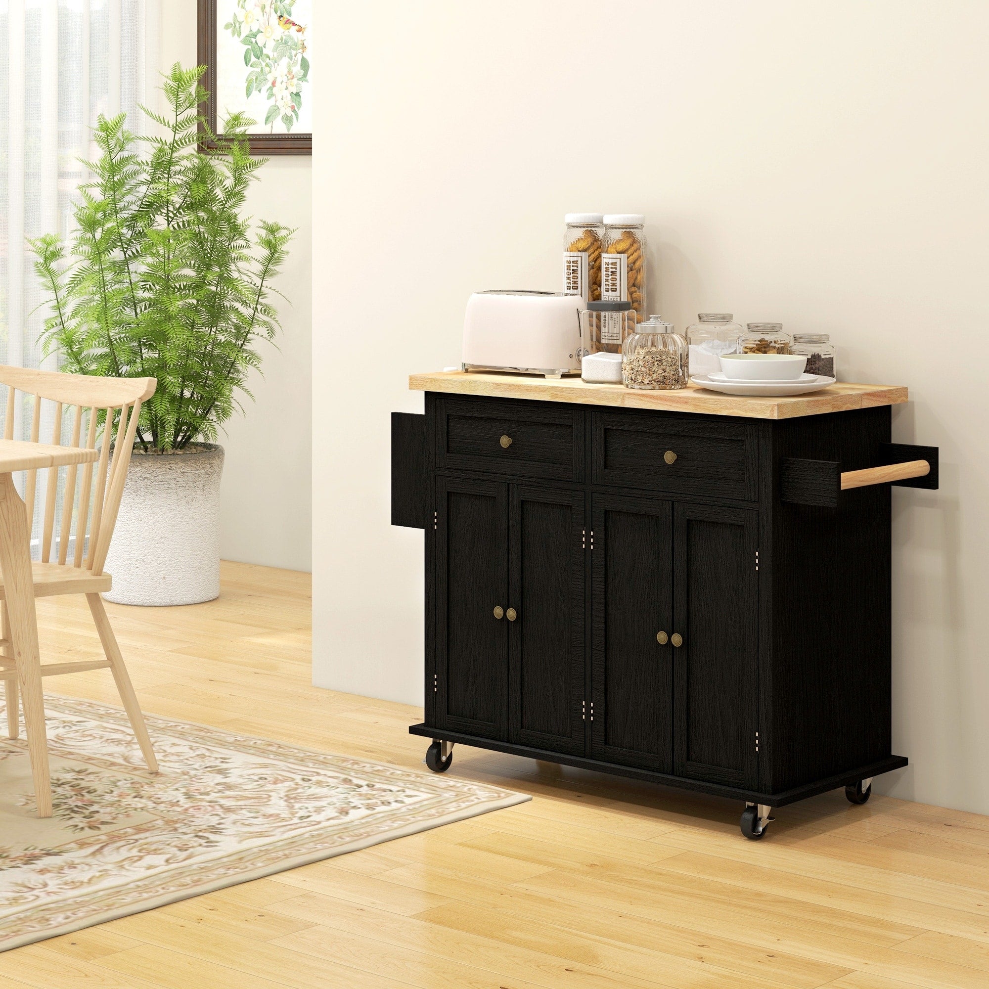 Homcom Kitchen Island Cart With Solid Wood Top 44 Mobile Kitchen Island Table With Storage Adjustable Shelves For Dining Room