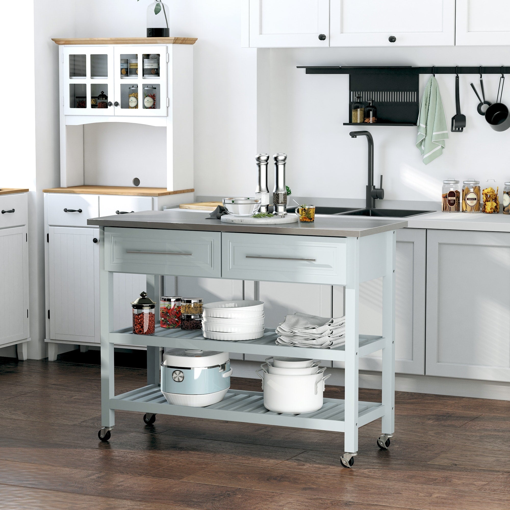 Homcom Country Style Kitchen Island Rustic Rolling Storage Cart On Wheels With Stainless Steel Top