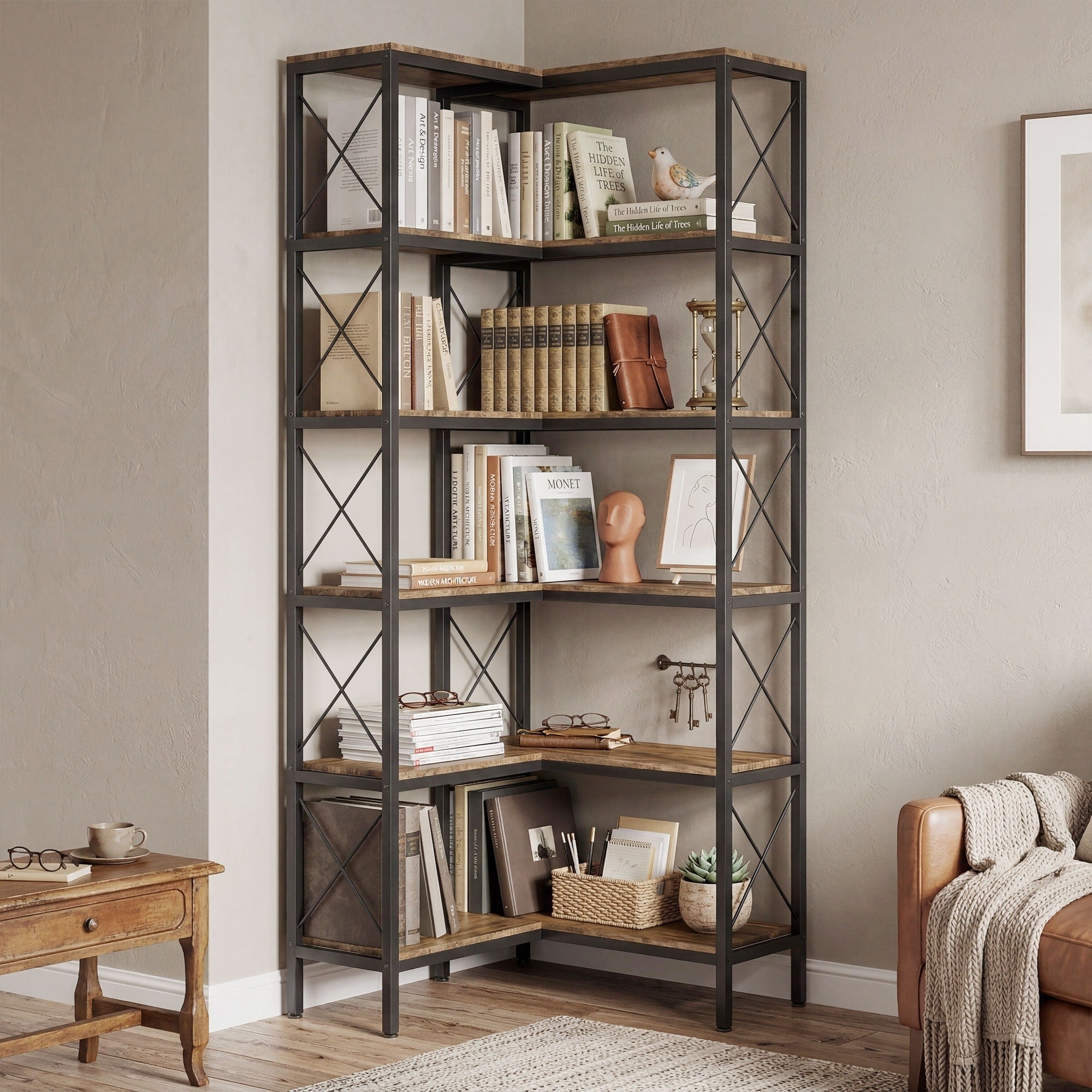 Homcom L Shaped Bookshelf 5 Tier Corner Bookcase Freestanding Storage Shelf Home Study Rustic Brown