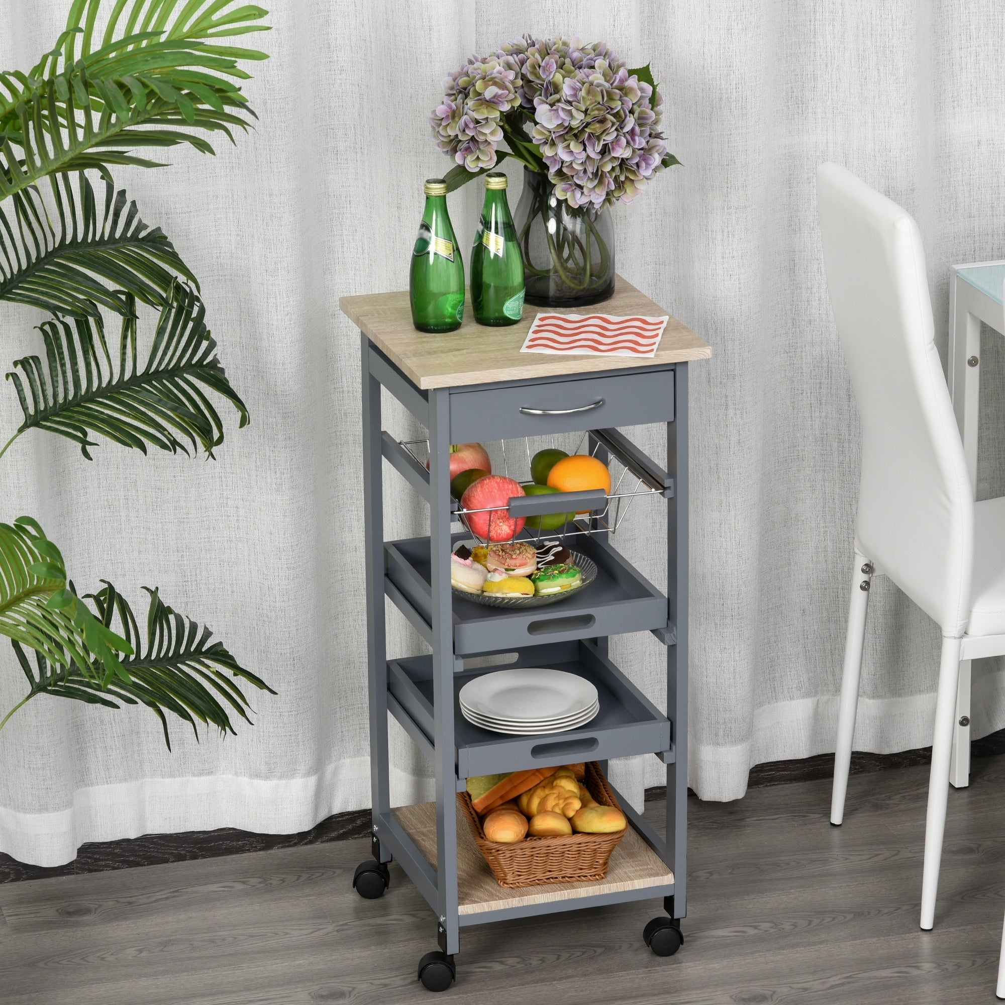 Homcom Mobile Rolling Kitchen Island Trolley Serving Cart With Underneath Drawer Slide Out Wire Storage Basket