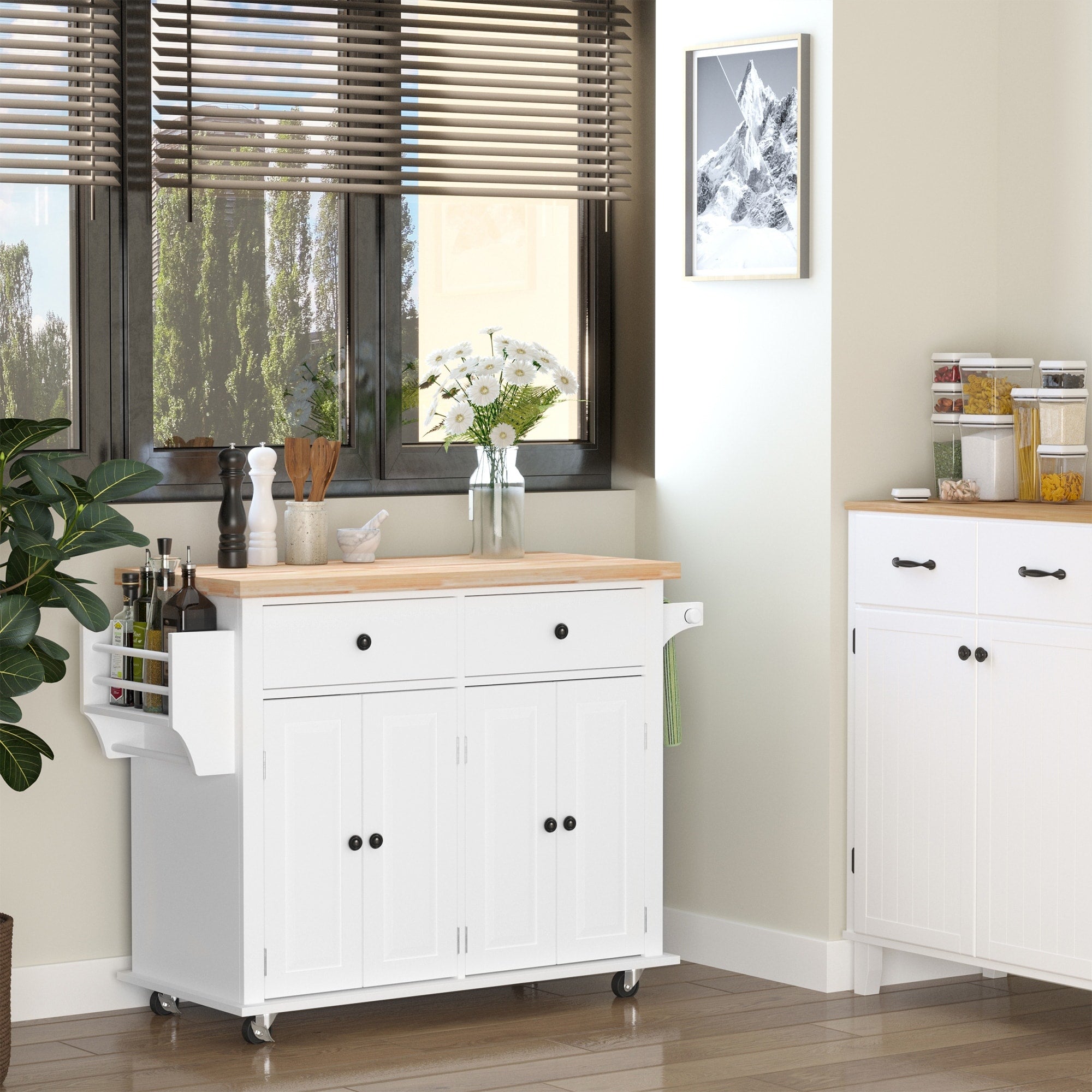 Homcom Rolling Kitchen Island Cart With Rubber Wood Top Spice Rack Towel Rack Drawers For Dining Room