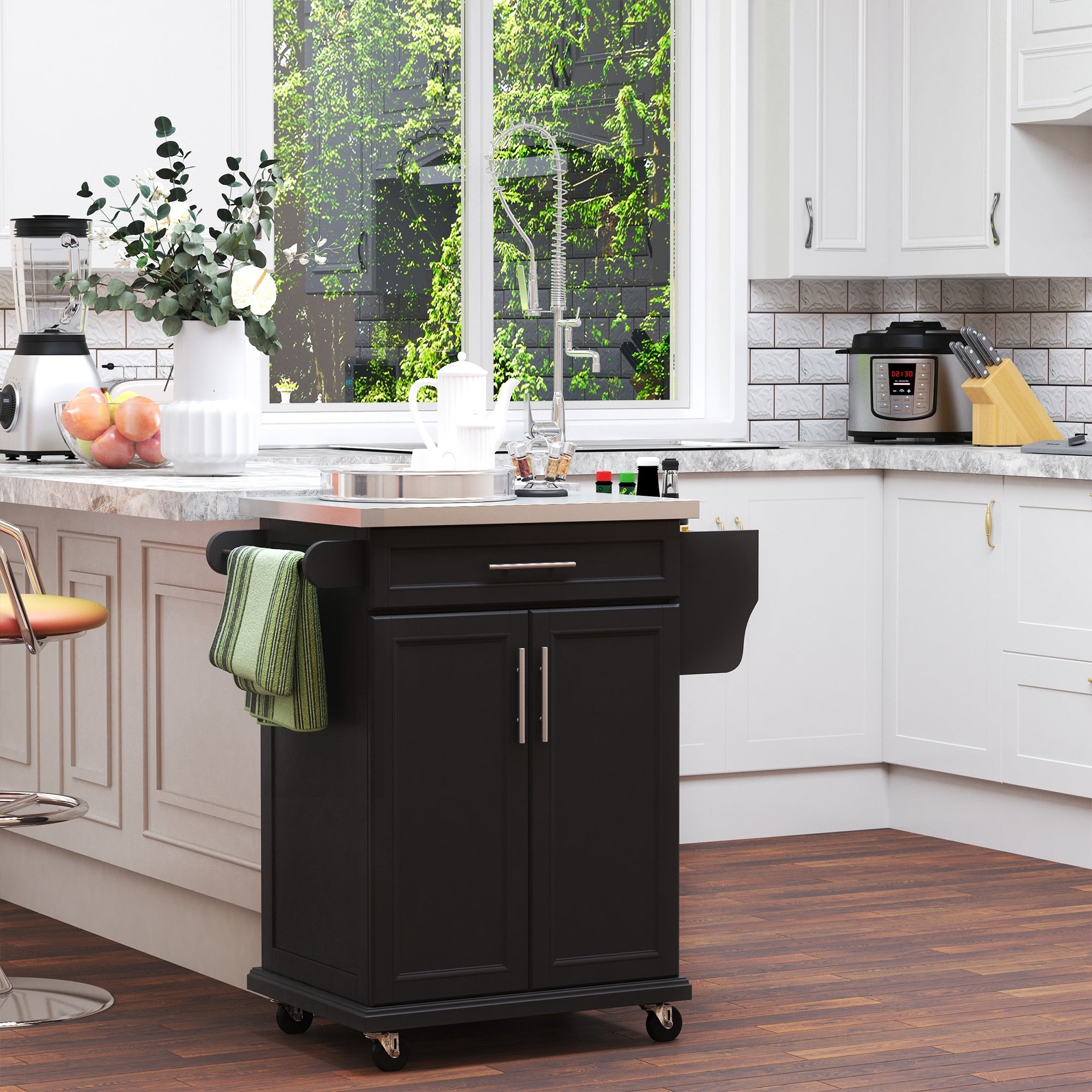 Homcom Wood Stainless Steel Multi Storage Rolling Kitchen Island Utility Cart With Wheels Black
