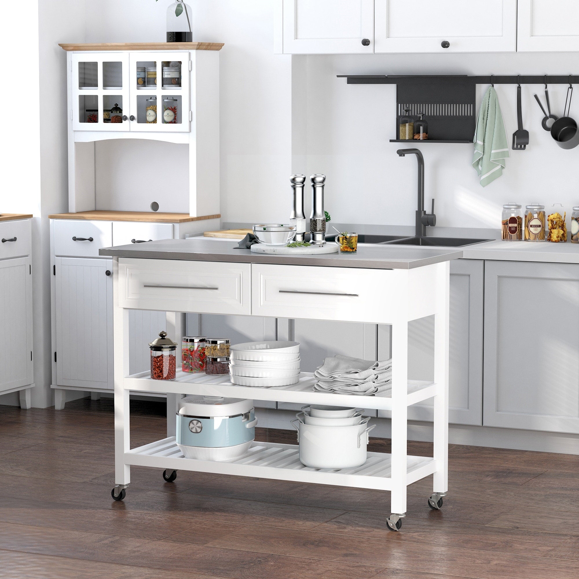 Homcom Rolling Kitchen Island Cart With Drawers Shelves And Stainless Steel Top White