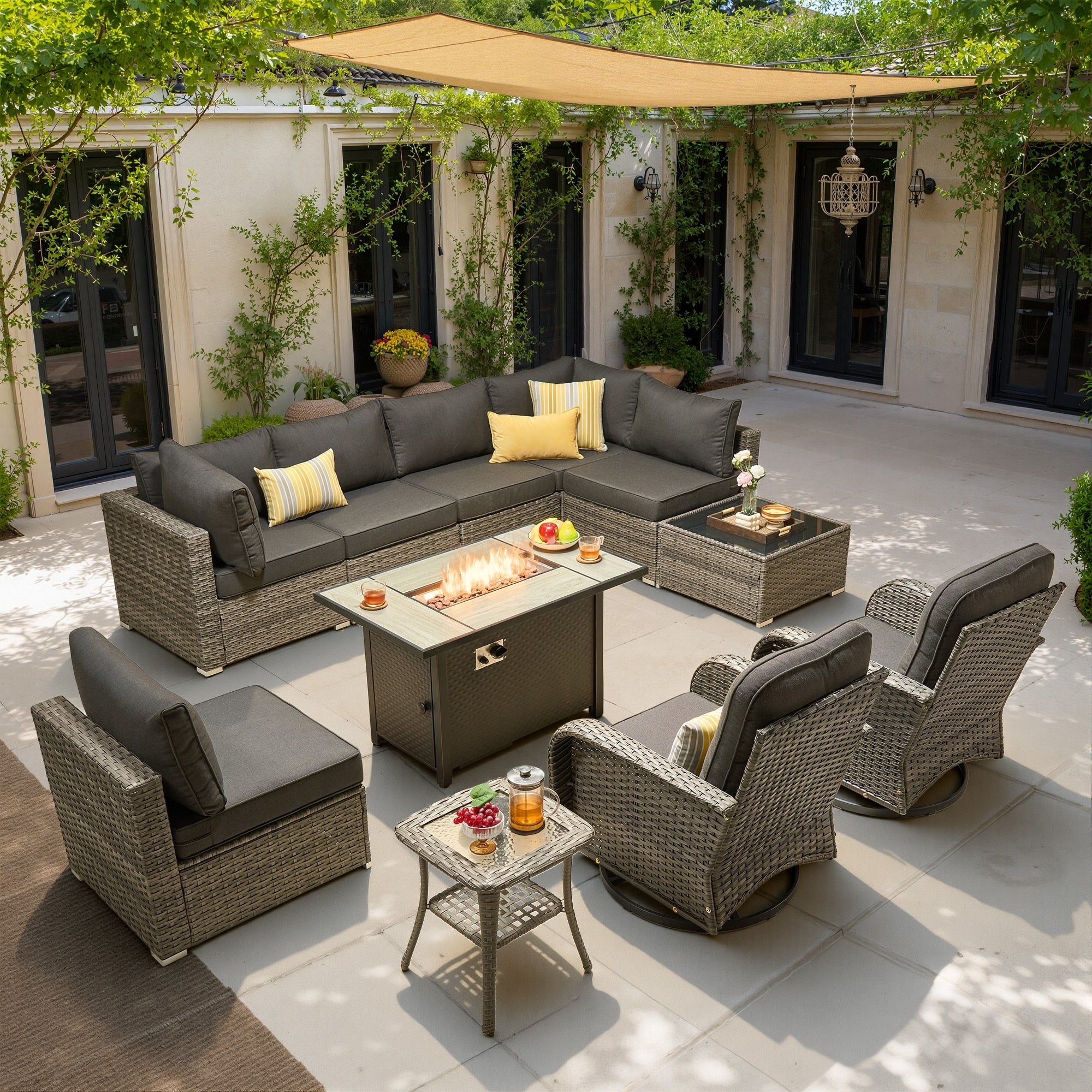 Hooowooo 11 Piece Wicker Furniture Set Outdoor Sectional Sofa With Fire Pit