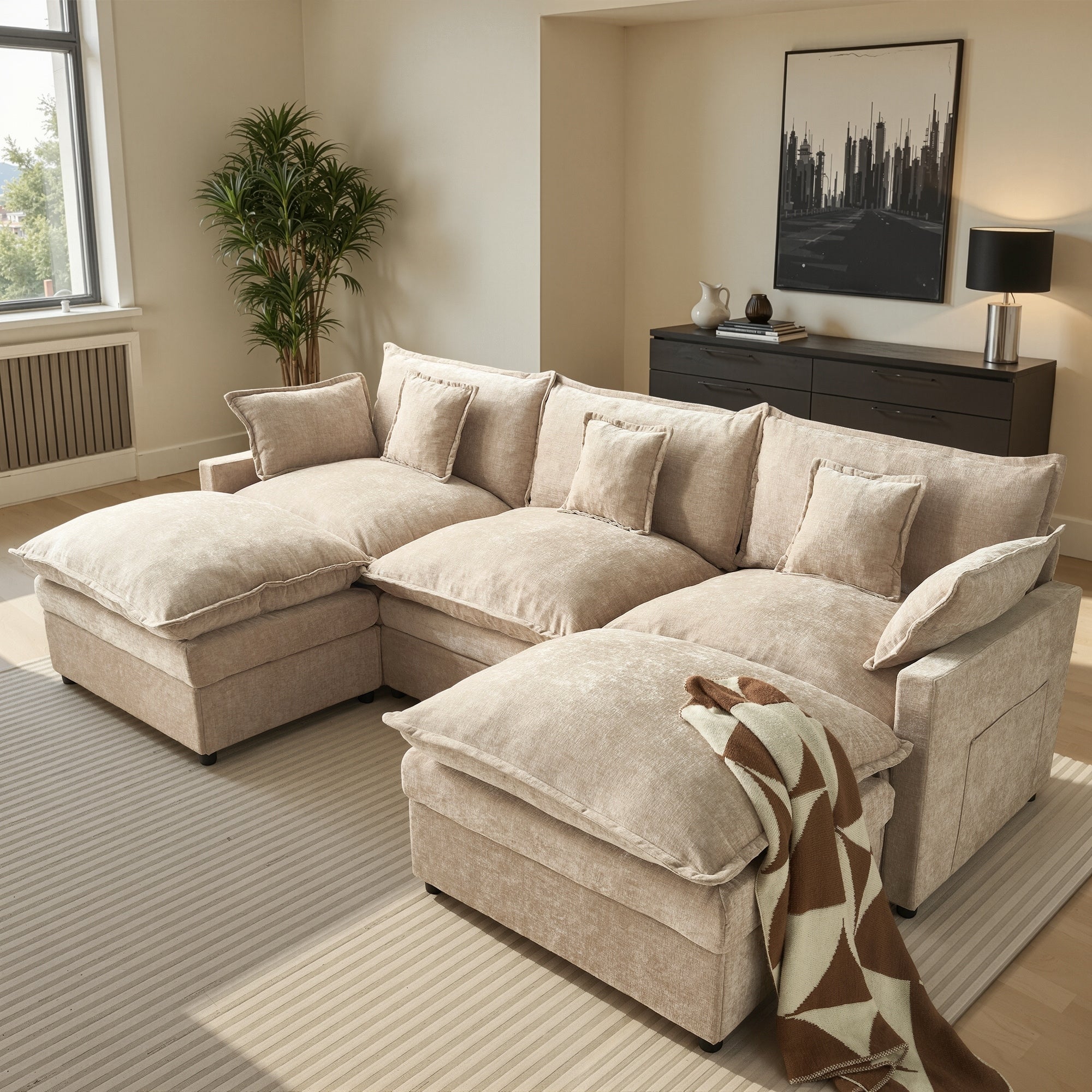 Hooowooo Modern U Shaped Chenille Fabric Sectional Sofa With Ottomans