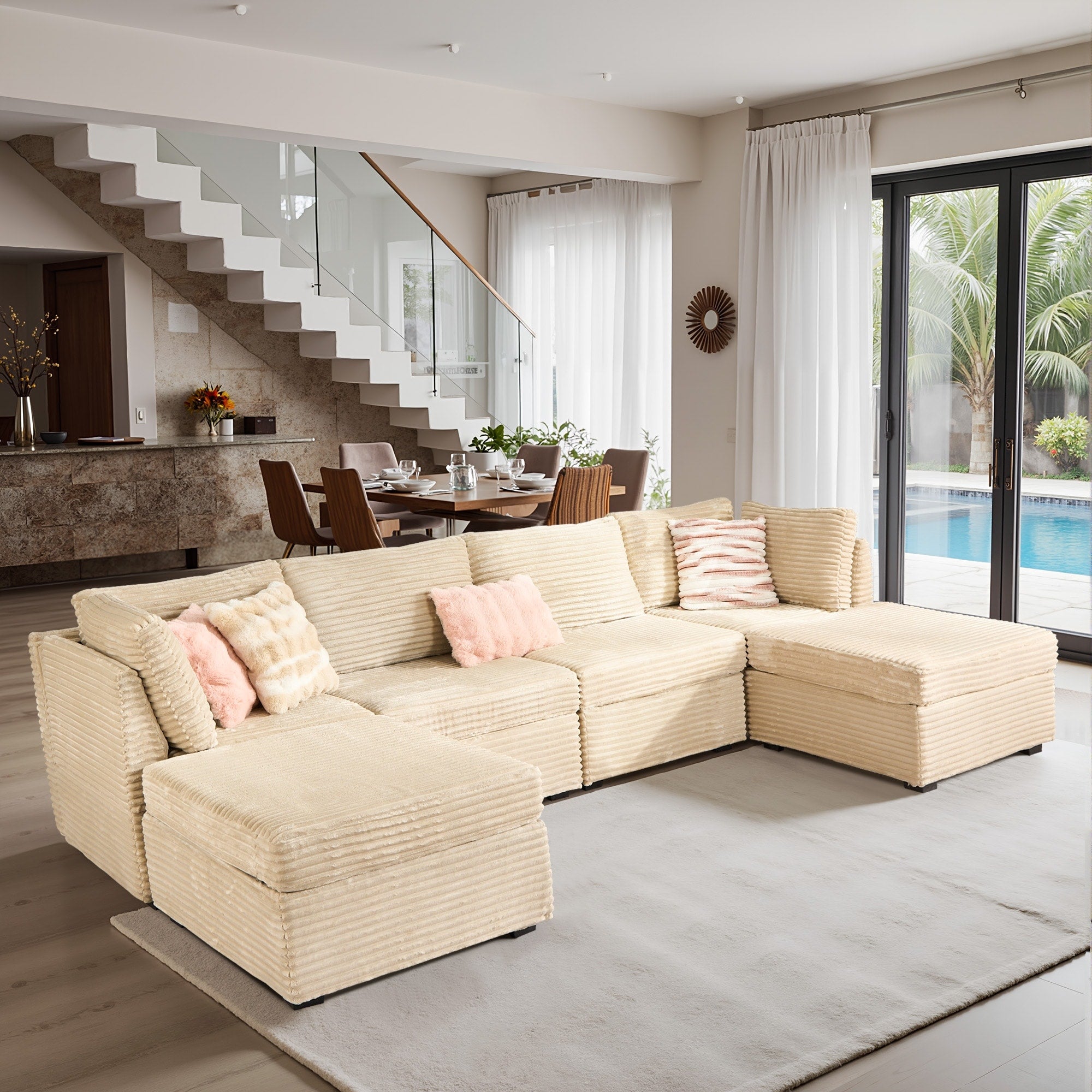Hooowooo Modular U Shaped Corduroy Fabric Sectional Sofa Couch With Ottoman