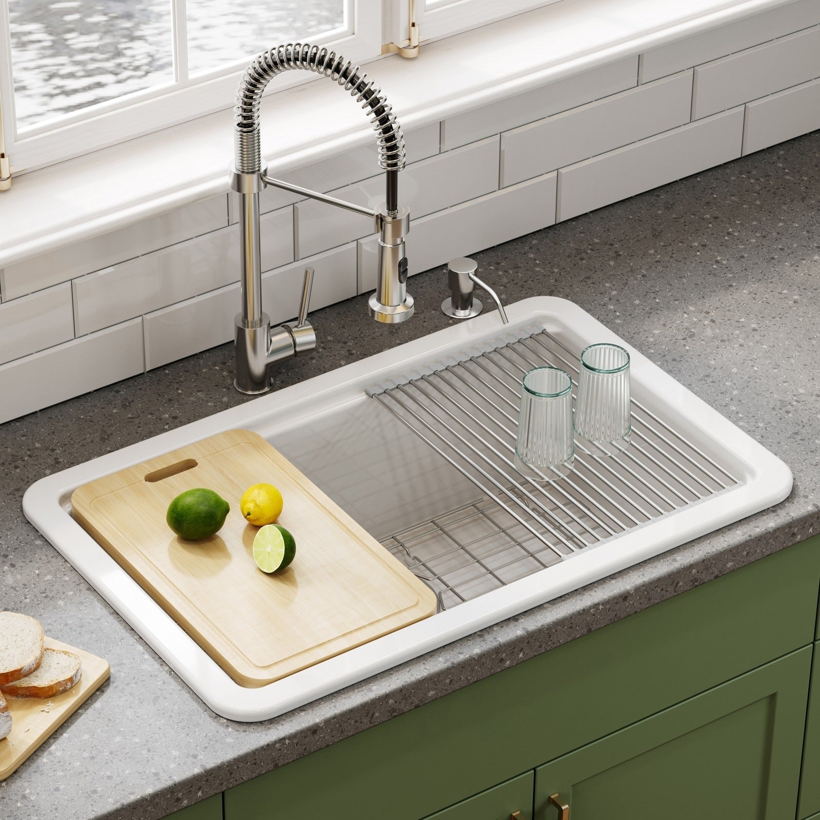 Horow 30 In. Drop In White Ceramic Kitchen Sink With Standard And Bottom Grid Drain Assembly Cutting Board