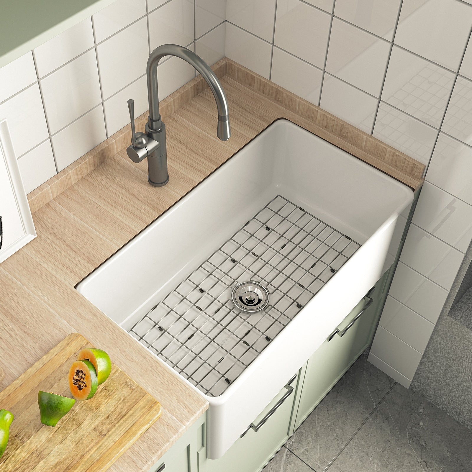 Horow 30 In. White Fireclay Apron Front Kitchen Sink Single Bowl Design With Grid And Strainer