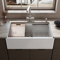 Horow 33 In. Farmhouse Single Bowl White Ceramic Kitchen Sink With Front Apron Workstation Bottom Grid And Strainer