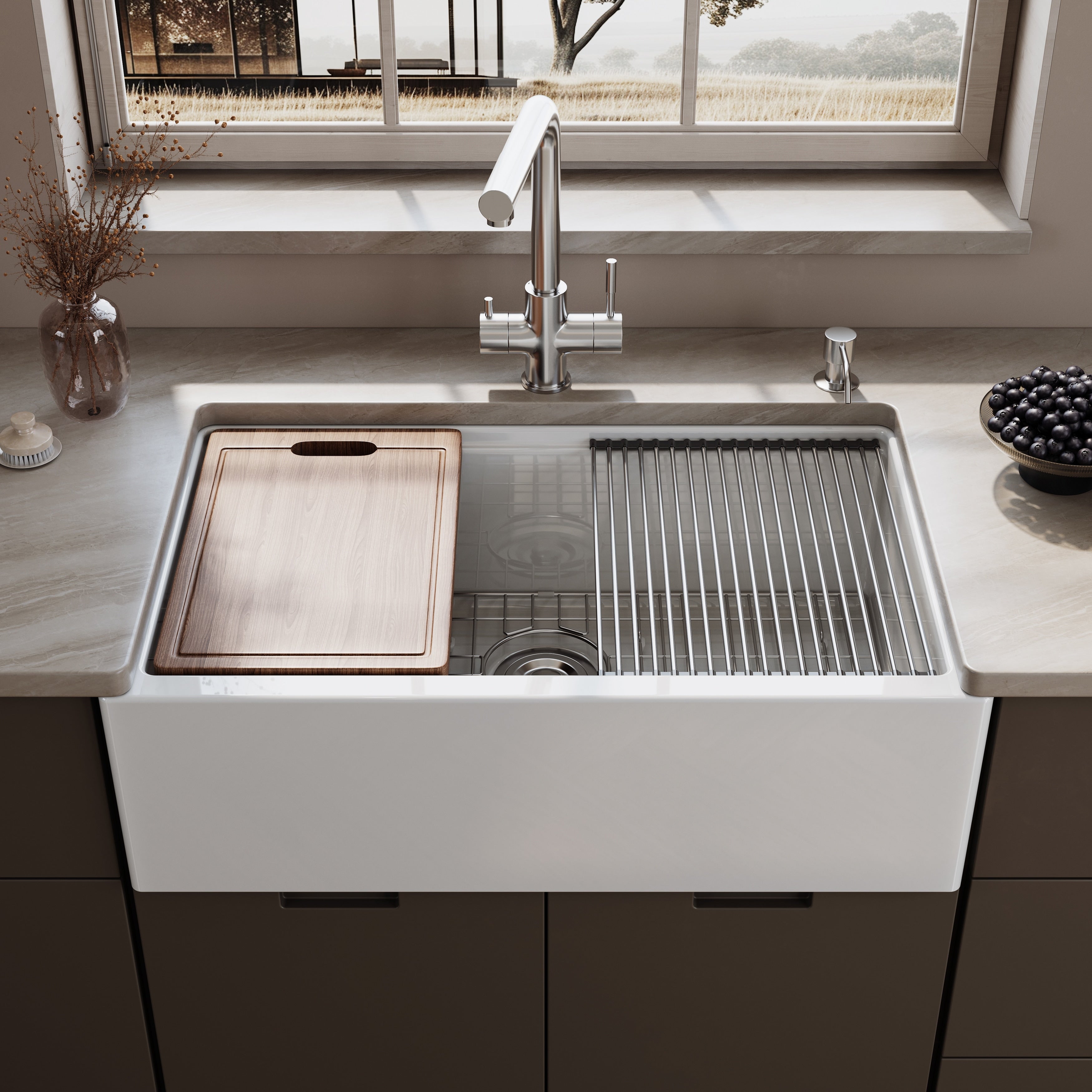 Horow 33 In. Farmhouse Single Bowl White Ceramic Kitchen Sink With Front Apron Workstation Bottom Grid And Strainer