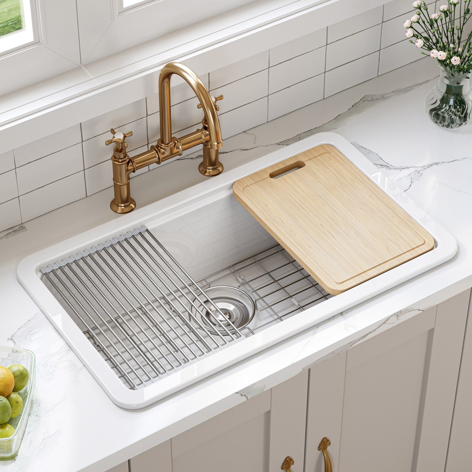 Horow 33 In. White Ceramic Drop In Kitchen Sink With Standard Bottom Grid Drain Cutting Board