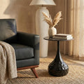 Hada 16 Inch Round Sintered Stone Side Table With Hammered Steel Textured Pedestal Base