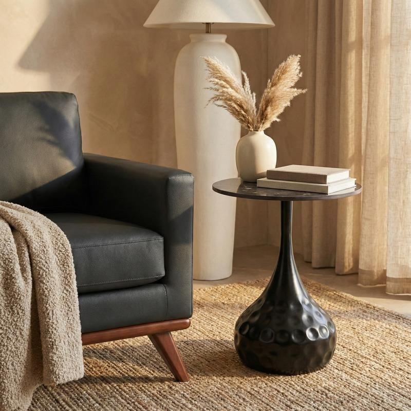Hada 16 Inch Round Sintered Stone Side Table With Hammered Steel Textured Pedestal Base
