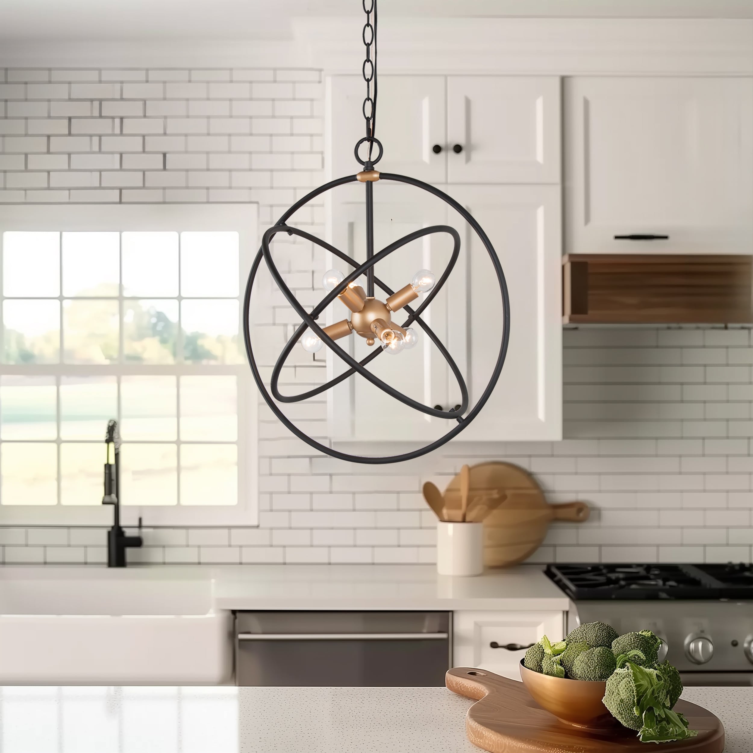Modern Industrial 6 Light Gold Matte Black Metal Orb Chandelier For Dining Room 19.7 L X 19.7 W X 22 H