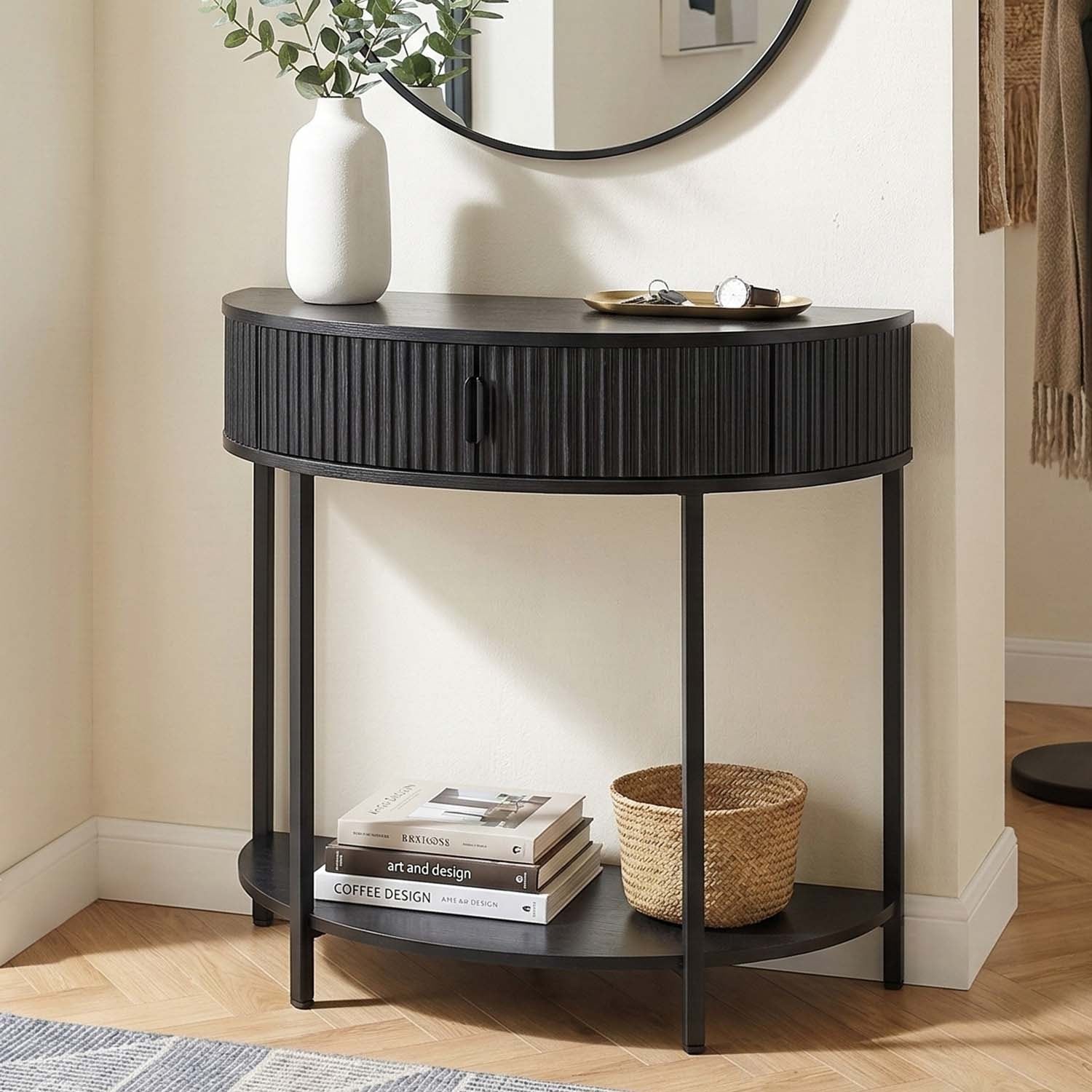 Half Moon Console Table With Drawer Storage Narrow Entryway Table With Hidden Cabinet And Shelf For Living Room Hallway