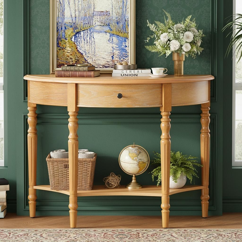 Half Moon Farmhouse Console Table With Drawer Shelf By Harper Bright Designs