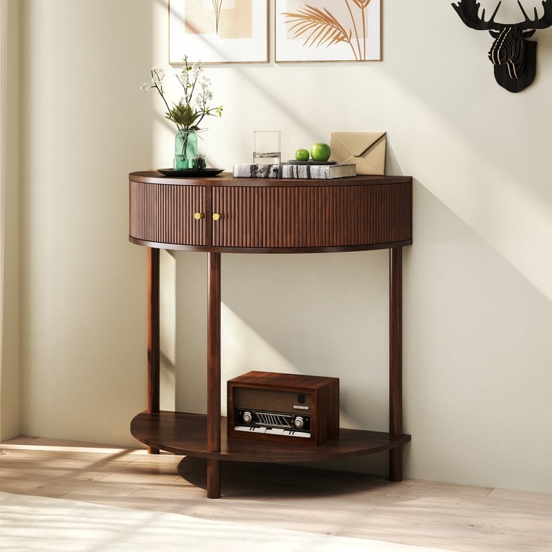 Half Moon Rattan Console Table Curved Entryway Table With 2 Drawers And Shelf
