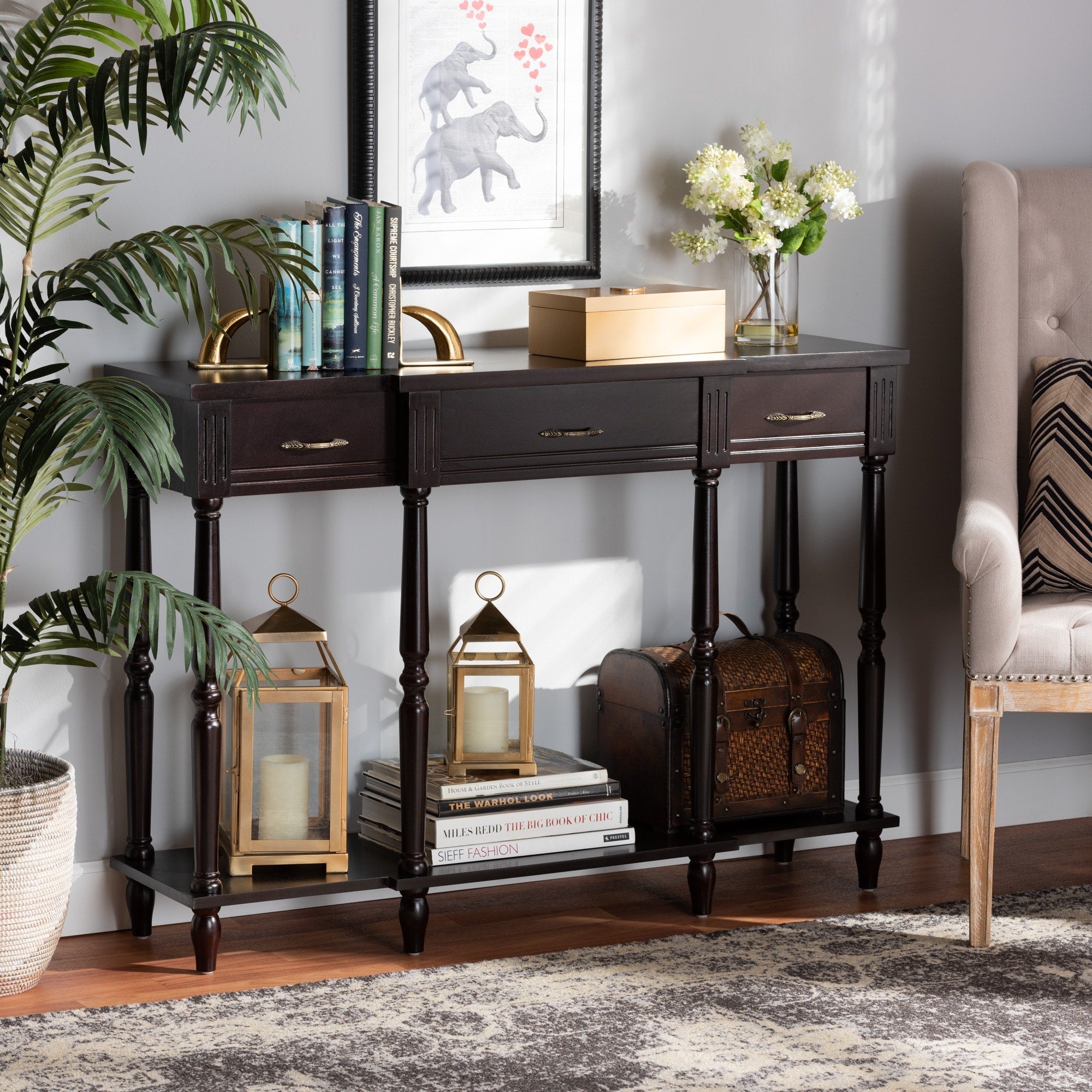Hallan Classic Dark Brown Finished Wood 3 Drawer Console Table