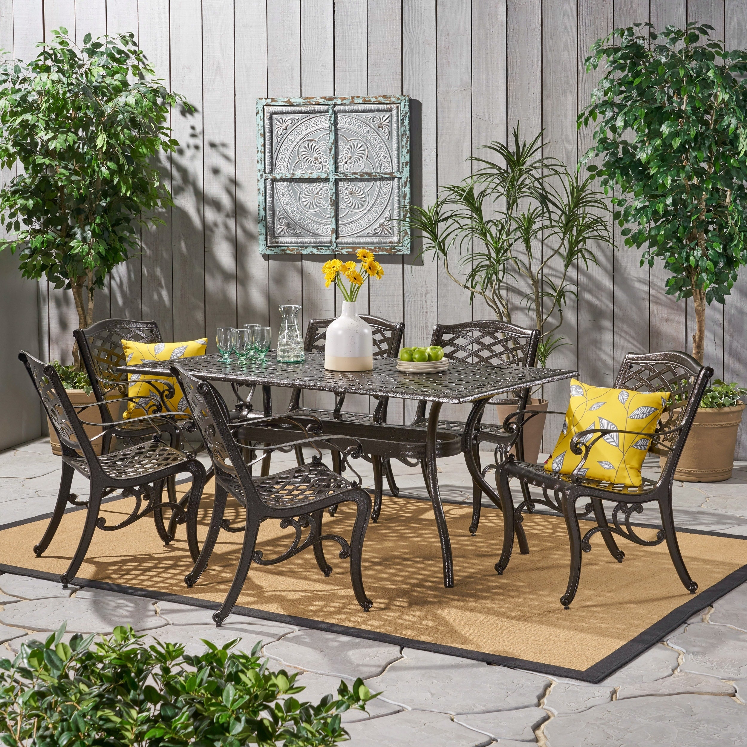 Christopher Knight Home Outdoor Hallandale 7 Piece Cast Aluminum Rectangle Bronze Dining Set
