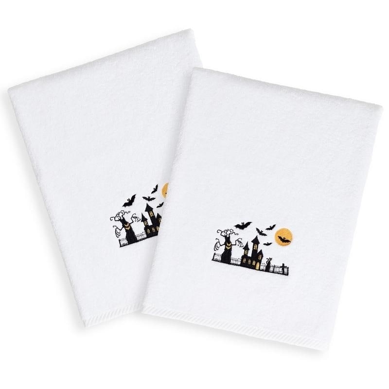 Halloween Embroidered Haunted House On White Turkish Cotton Hand Towels Set Of 2
