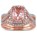 Miadora Signature Collection 10K Rose Gold Cushion Cut Morganite And 1 4Ct Tdw Diamond Halo Bridal Ring Set Pink