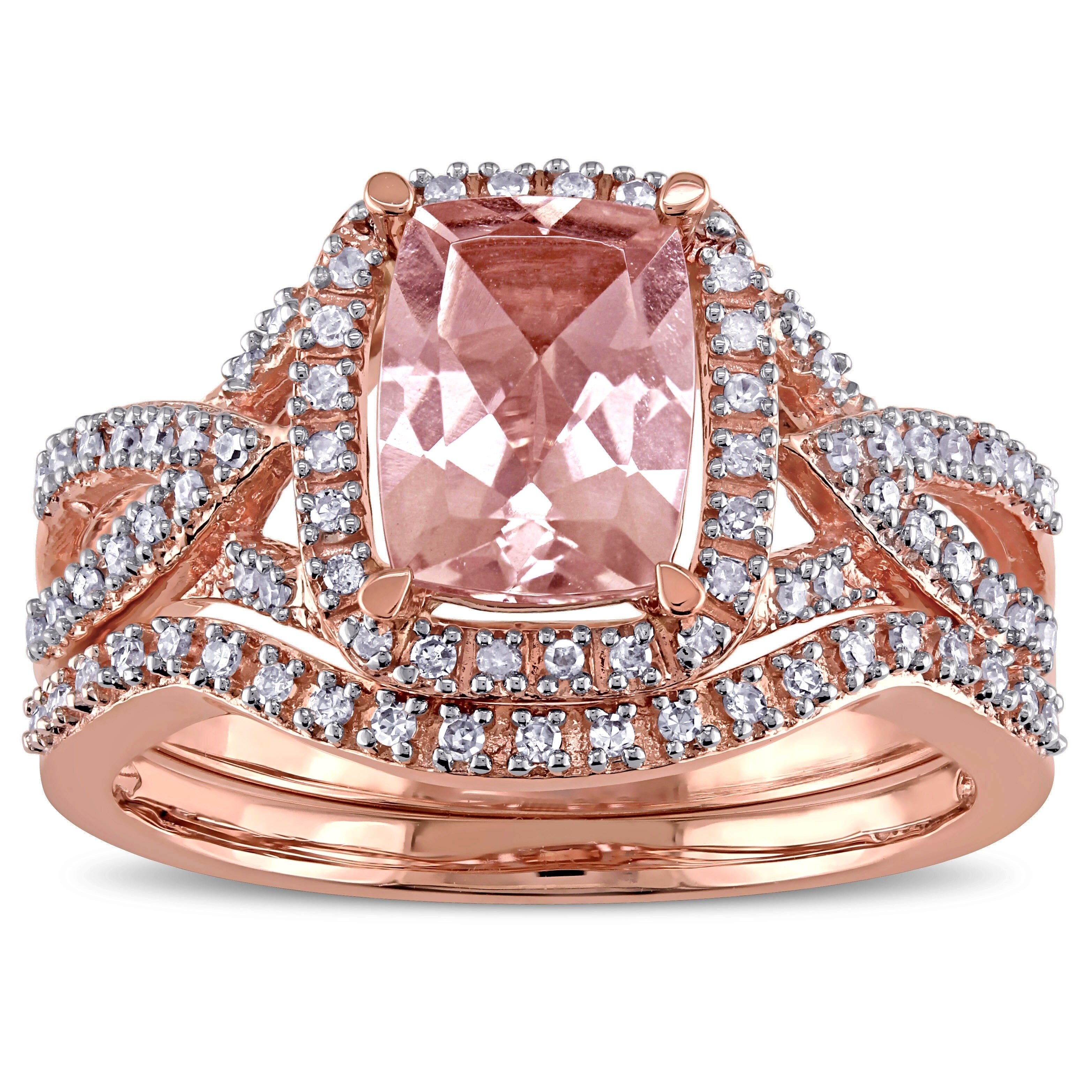 Miadora Signature Collection 10K Rose Gold Cushion Cut Morganite And 1 4Ct Tdw Diamond Halo Bridal Ring Set Pink