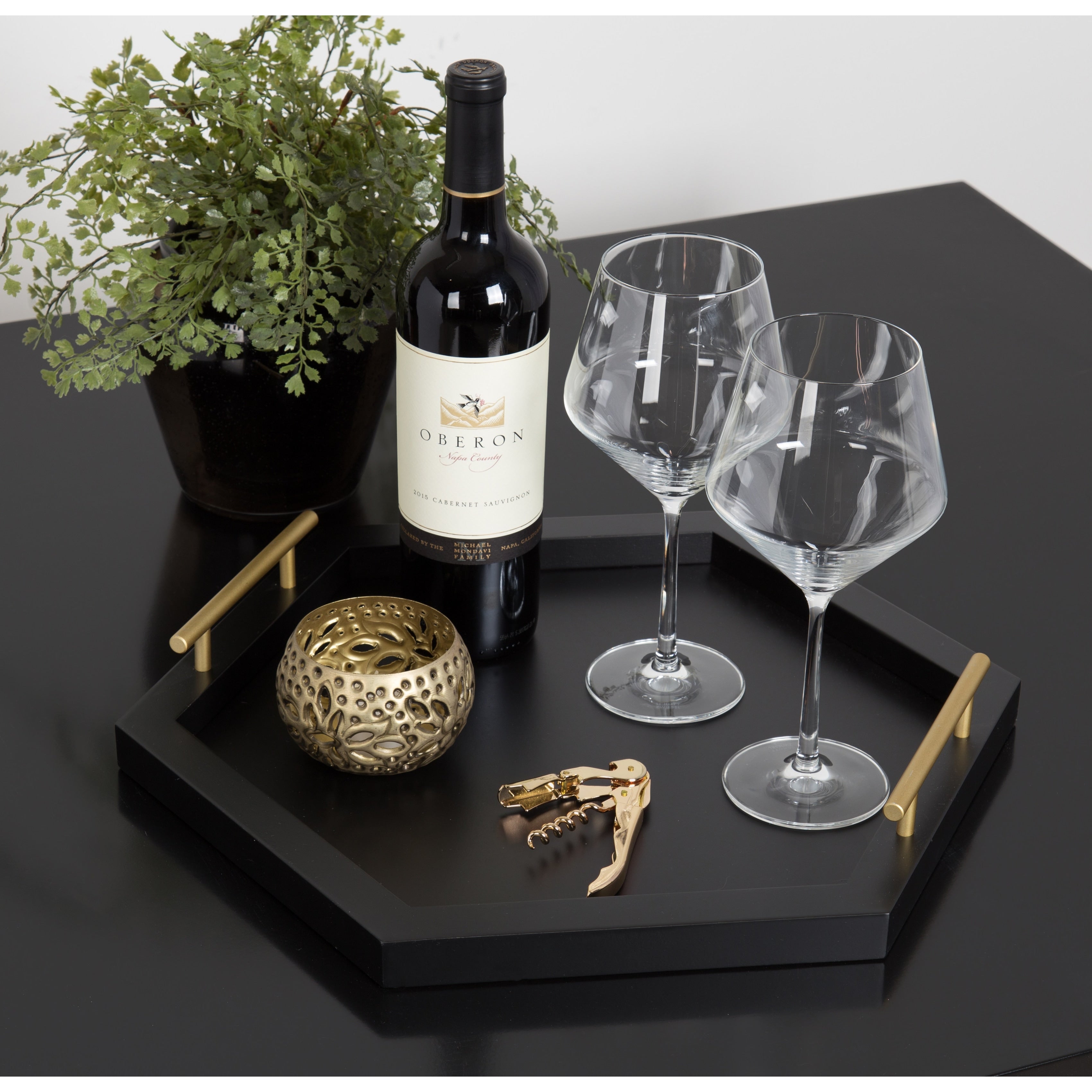 Halsey Hexagon Decorative Wood Tray With Polished Metal Handles