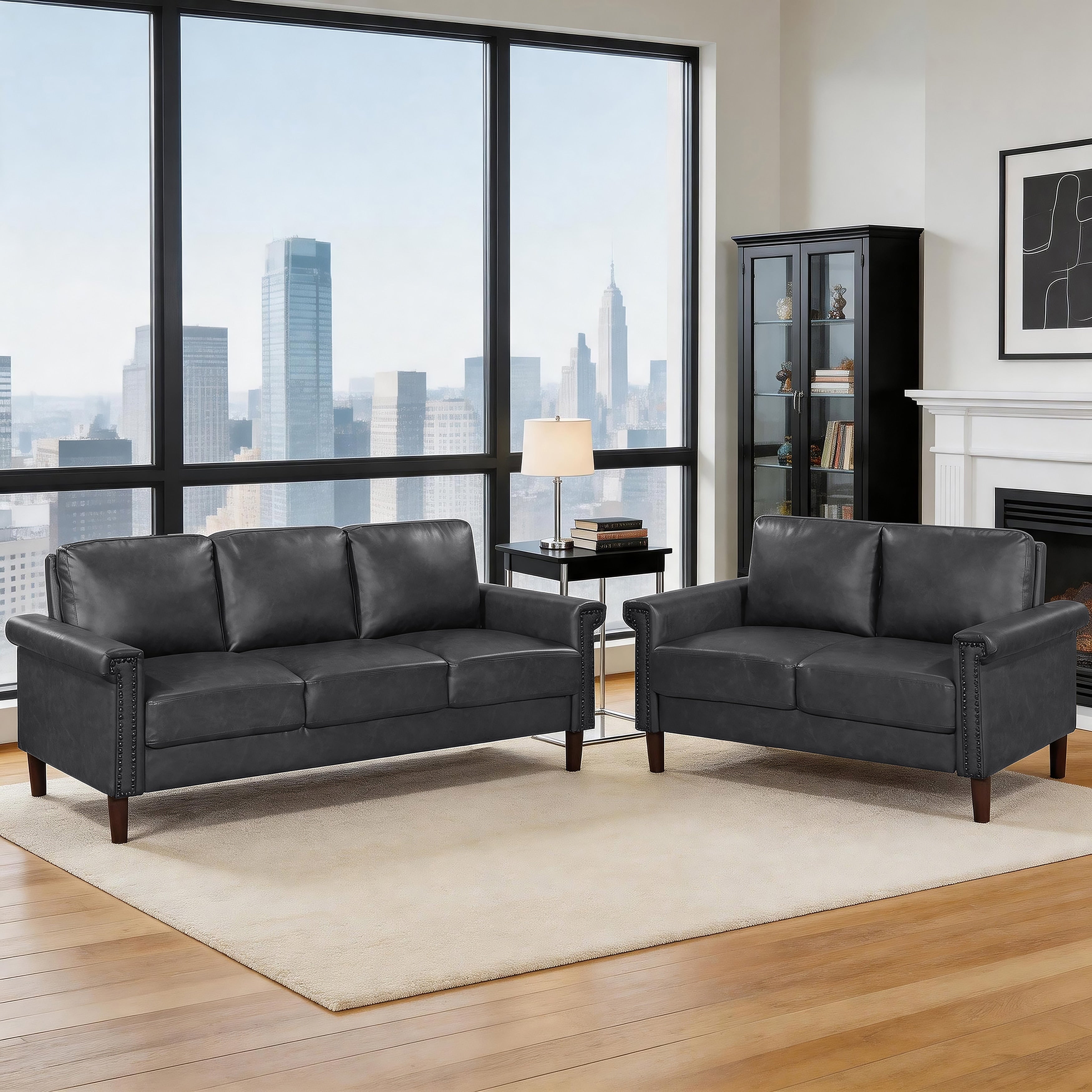 Halston Faux Leather 2 Piece Living Room Sofa Sets With Nailhead Trim