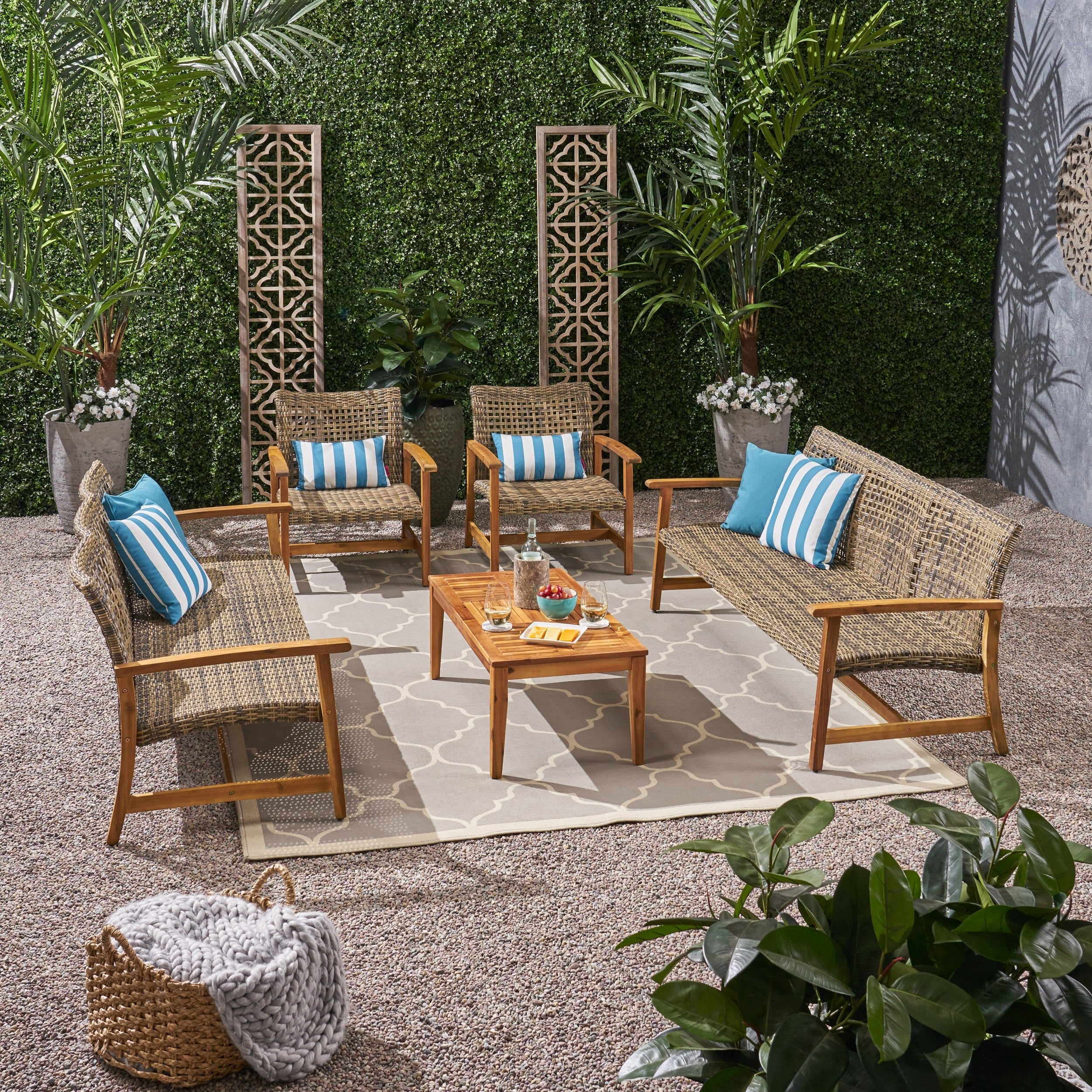 Hampton Outdoor 5 Piece Wood And Wicker Sofa Chat Set By Christopher Knight Home